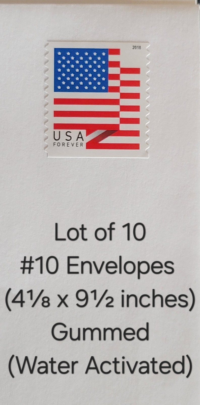 Lot of 10 Stamped Envelopes #10 (4⅛x9½) White Gummed with Forever Flag Coil 5261