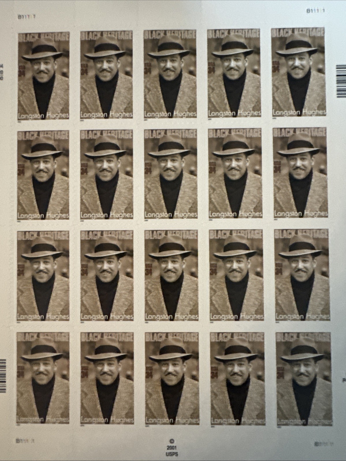 US SCOTT 3557 (2) PANES OF 20 LANGSTON HUGHES STAMPS 34 CENT FACE MNH