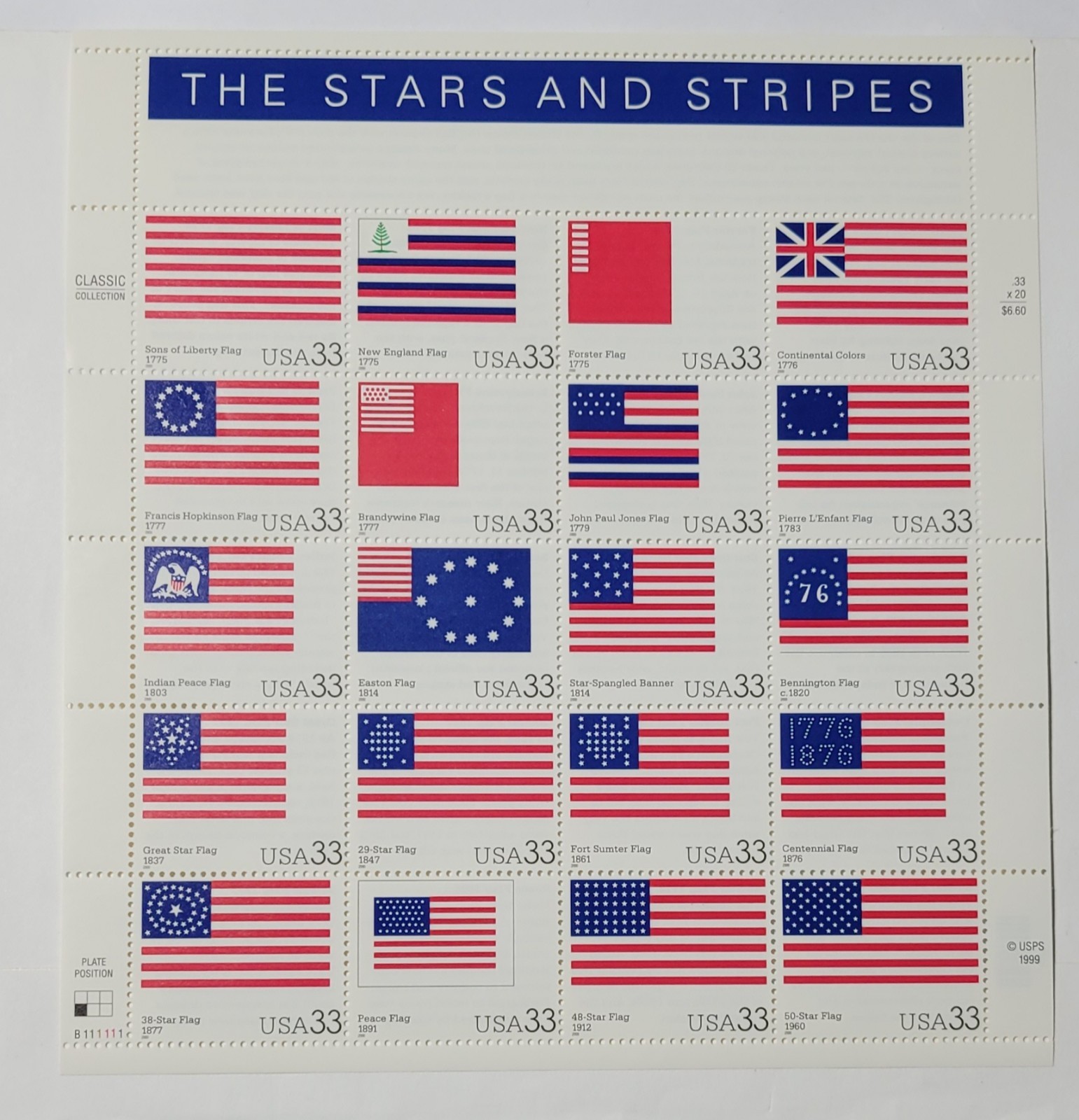 US 3403 The Stars and Stripes, Complete Sheet/20, MNH