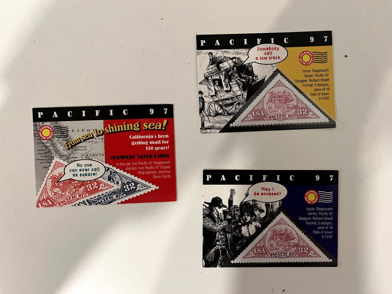 Pacific 97 Stamps: Stagecoach red stamps savers card 32 cent triangle 3pc