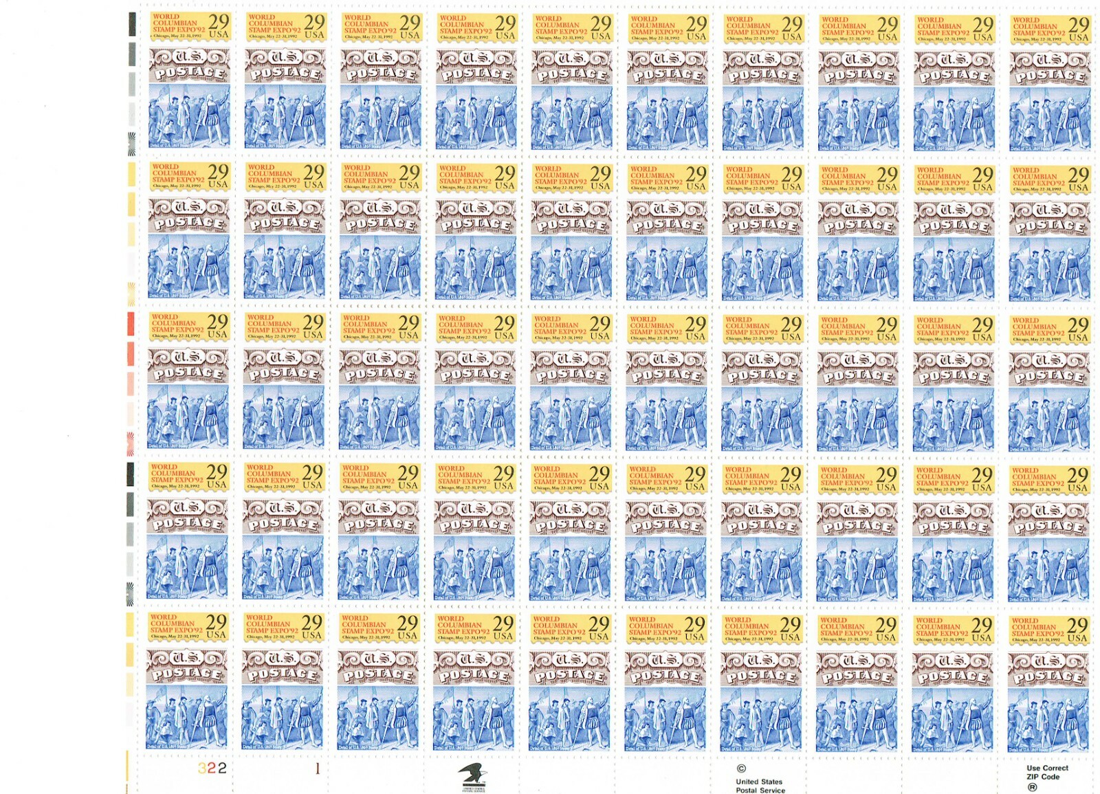 US SCOTT 2616 PANE OF 50 COLUMBIAN STAMP EXPO92 STAMPS 29 CENT FACE MNH
