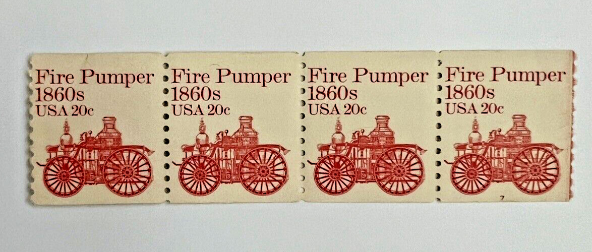SCOTT #1908 FIRE PUMPER 1860s 20¢ – PL#7 – STRIP OF FOUR STAMPS – COLOR ERROR