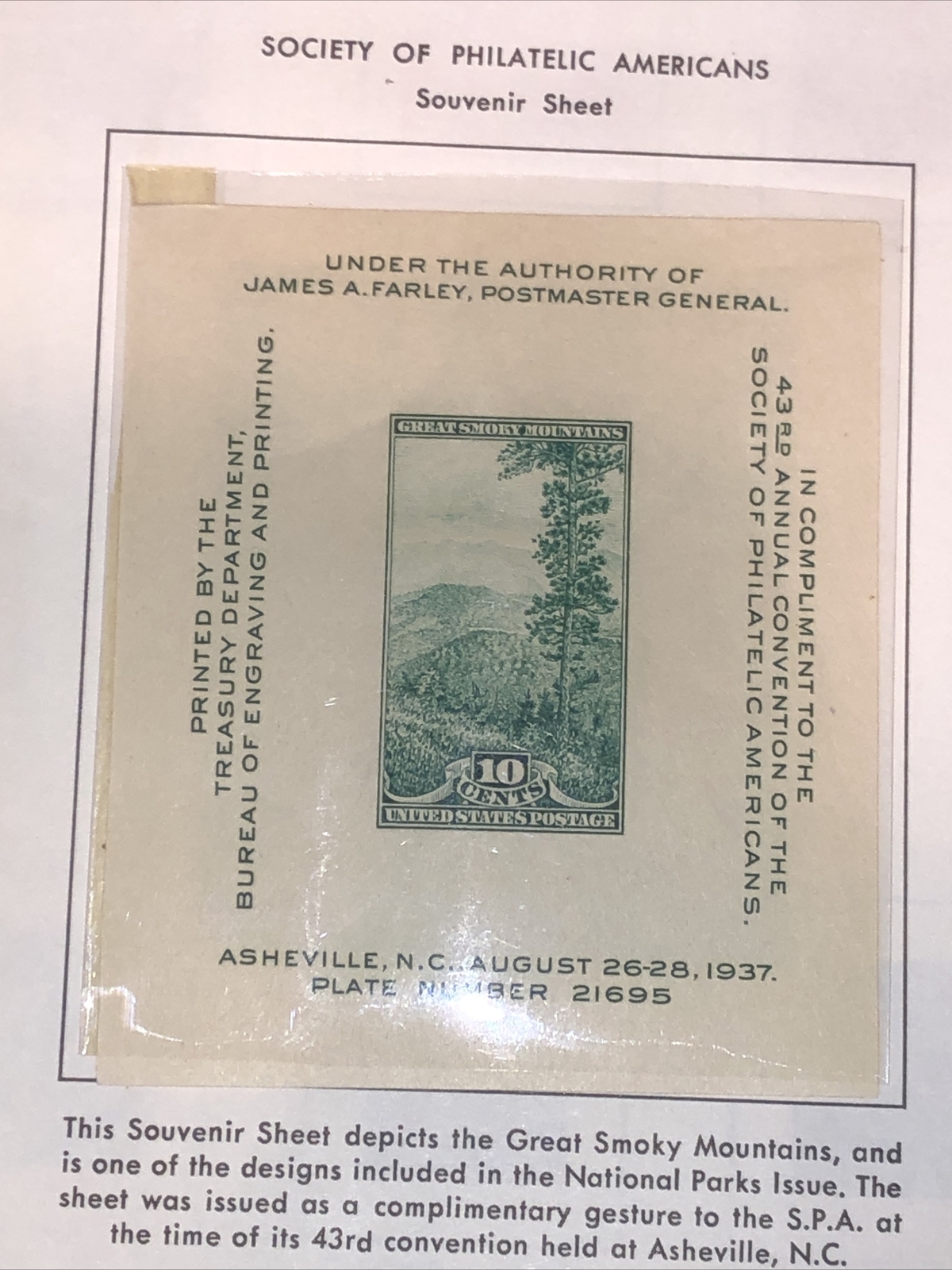 Scott # 797 1937 S.P.A. Convention Issue 10 Cent U.S. Postage Stamp