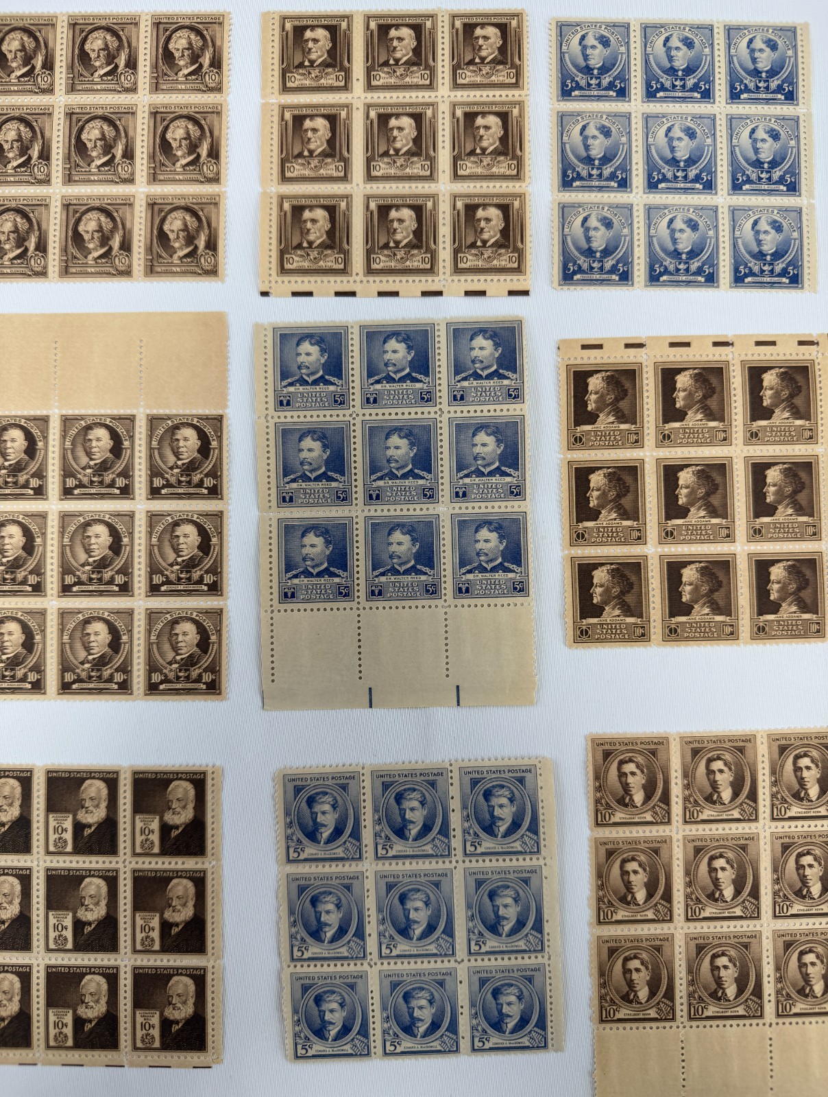Lot of 9 Mint Never Hinged USPS Stamp Blocks 1940–1949 Famous Americans