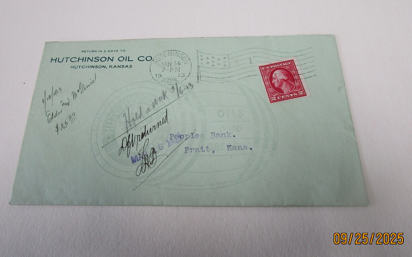 WASHINGTON 2 CENT STAMP ENVELOPE POSTMARKED 1913 STAMP EPHEMERA