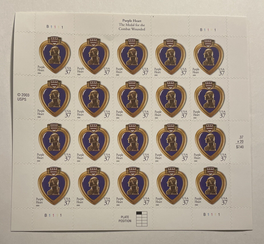 SCOTT#3784 PANE OF 20 PURPLE HEART STAMPS MNH-2003