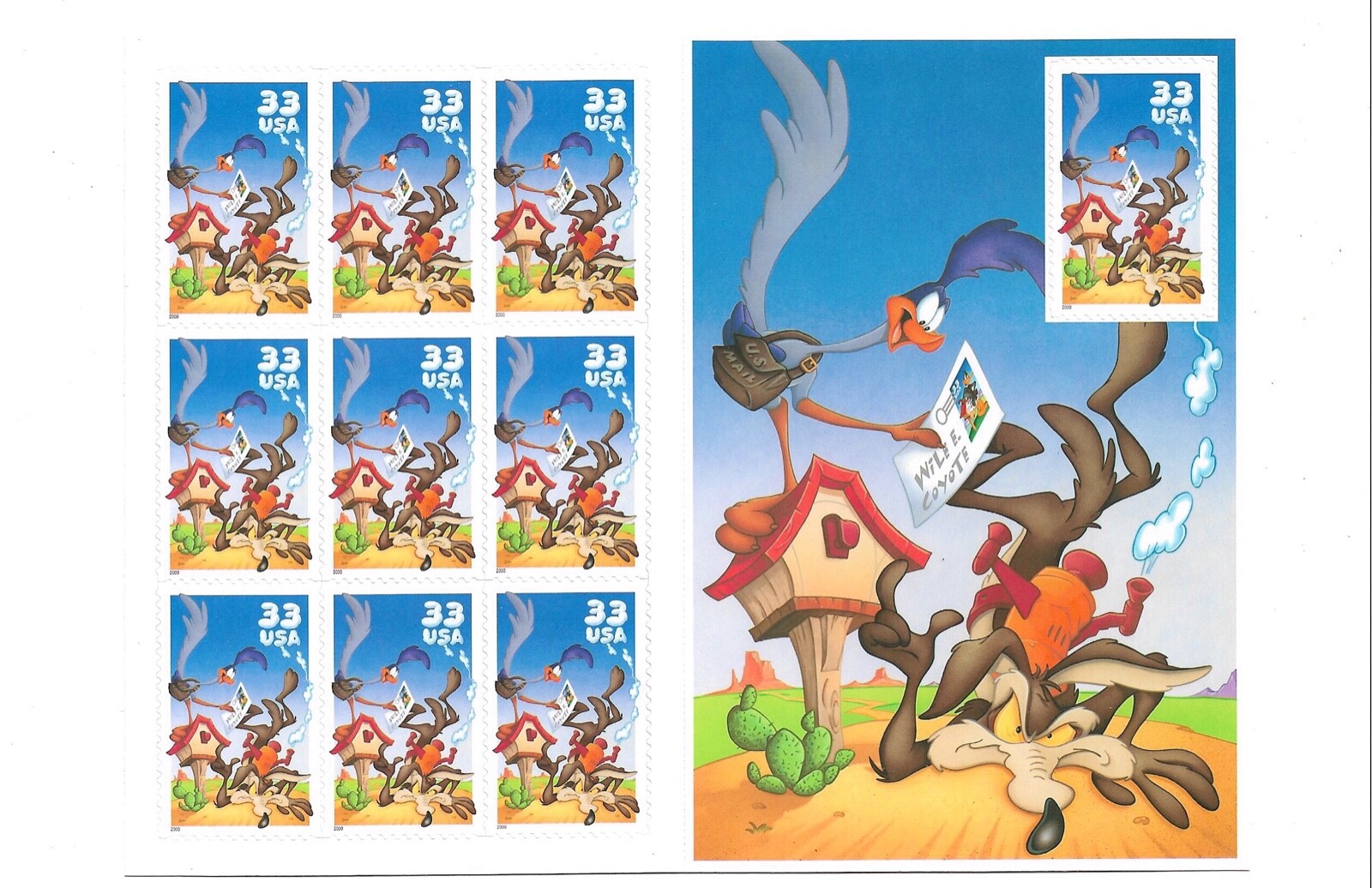 US SCOTT #3391 Full Sheet of 10 Road Runner & Wile E. Coyote! 33 Cent Stamps MNH