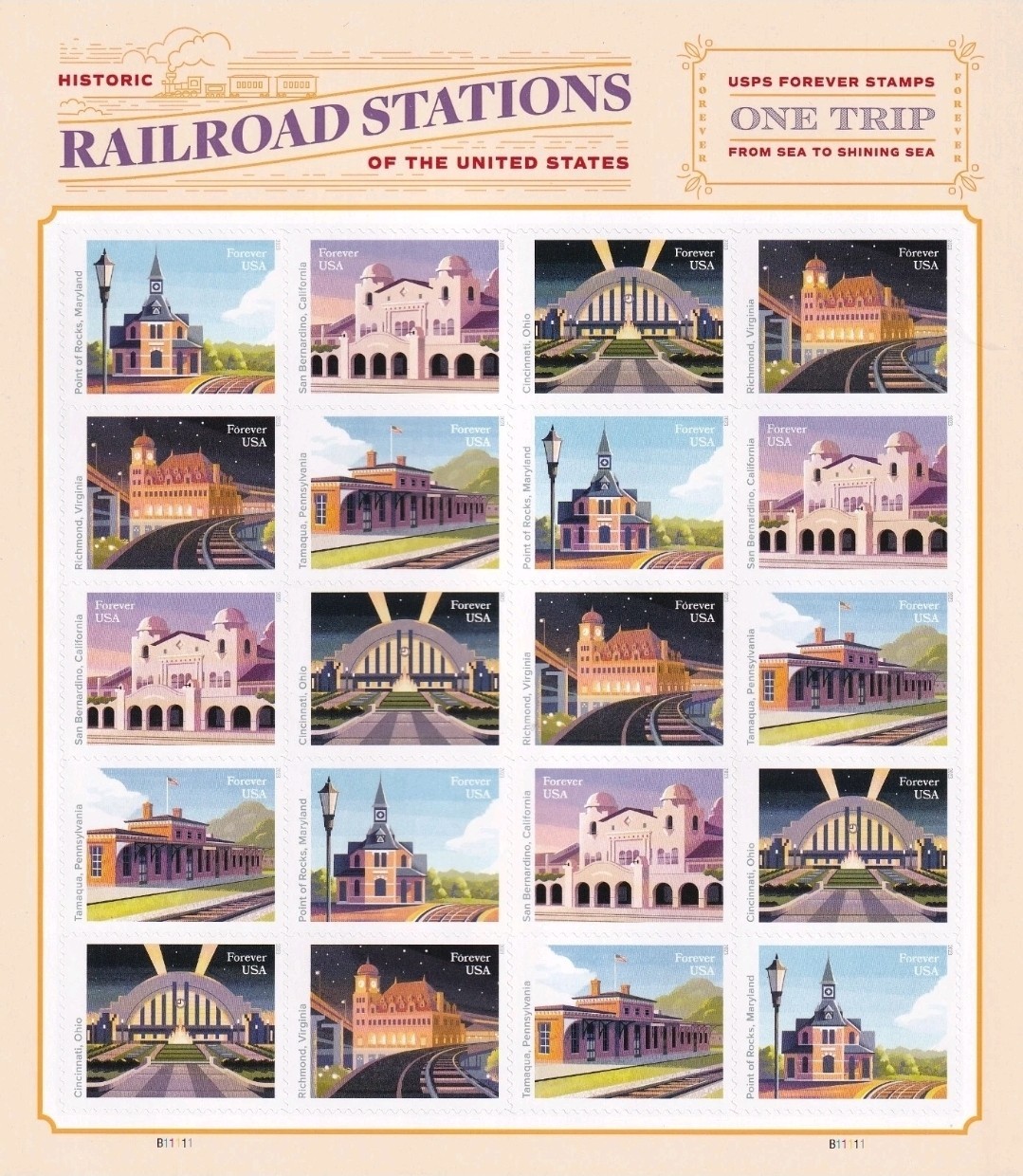 2023 USPS “Train Stations” Forever Stamps Sheet of 20 One Ounce Postage