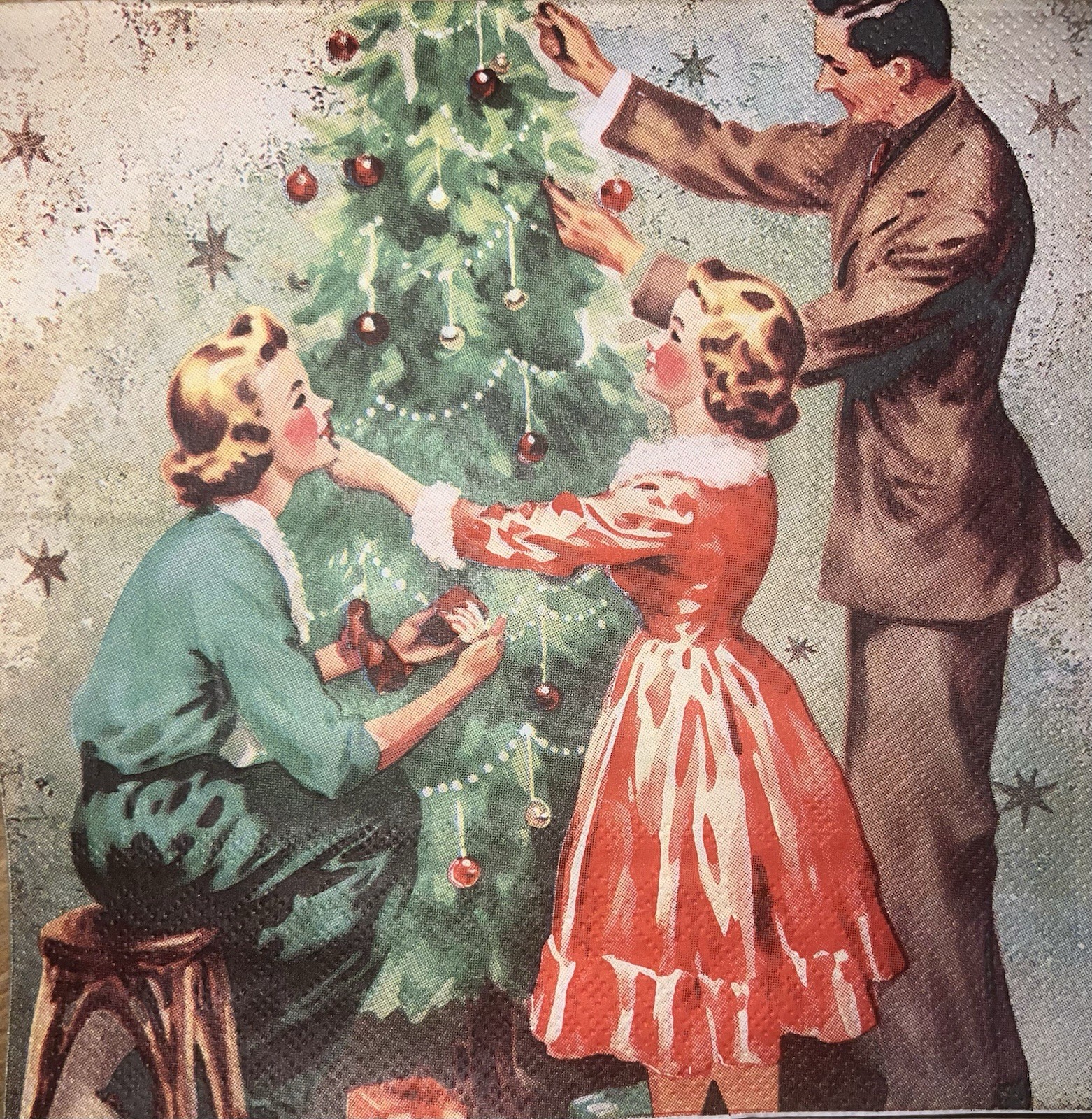 TWO Paper Lunch Napkins Decoupage Christmas Vintage Family Tree 6.5”