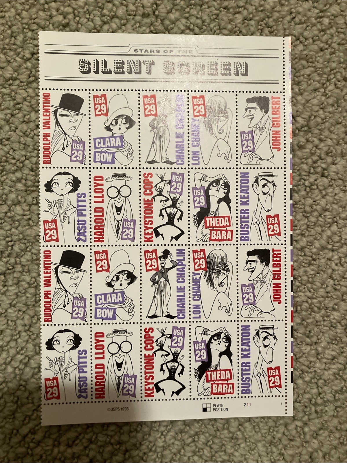 Mint US 1994 29c Silent Screen Stars Pane of 20 Scott 2819-2828