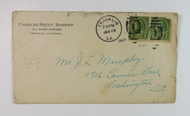 1929 FRANKLIN LOUISIANA SHERIFF PECOT RARE POSTAL COVER STAMPS ST. MARY PARISH