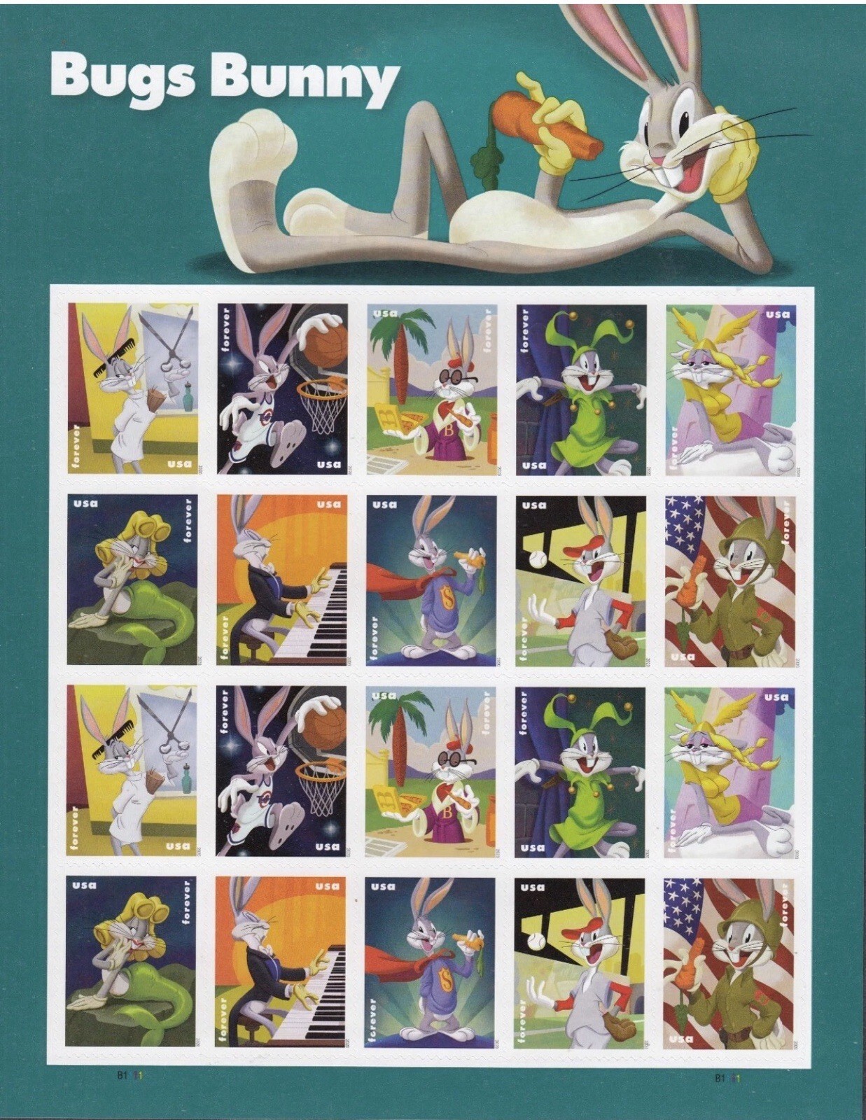 2 Sheets Of 20 US Forever Bugs Bunny Stamps, Unused.