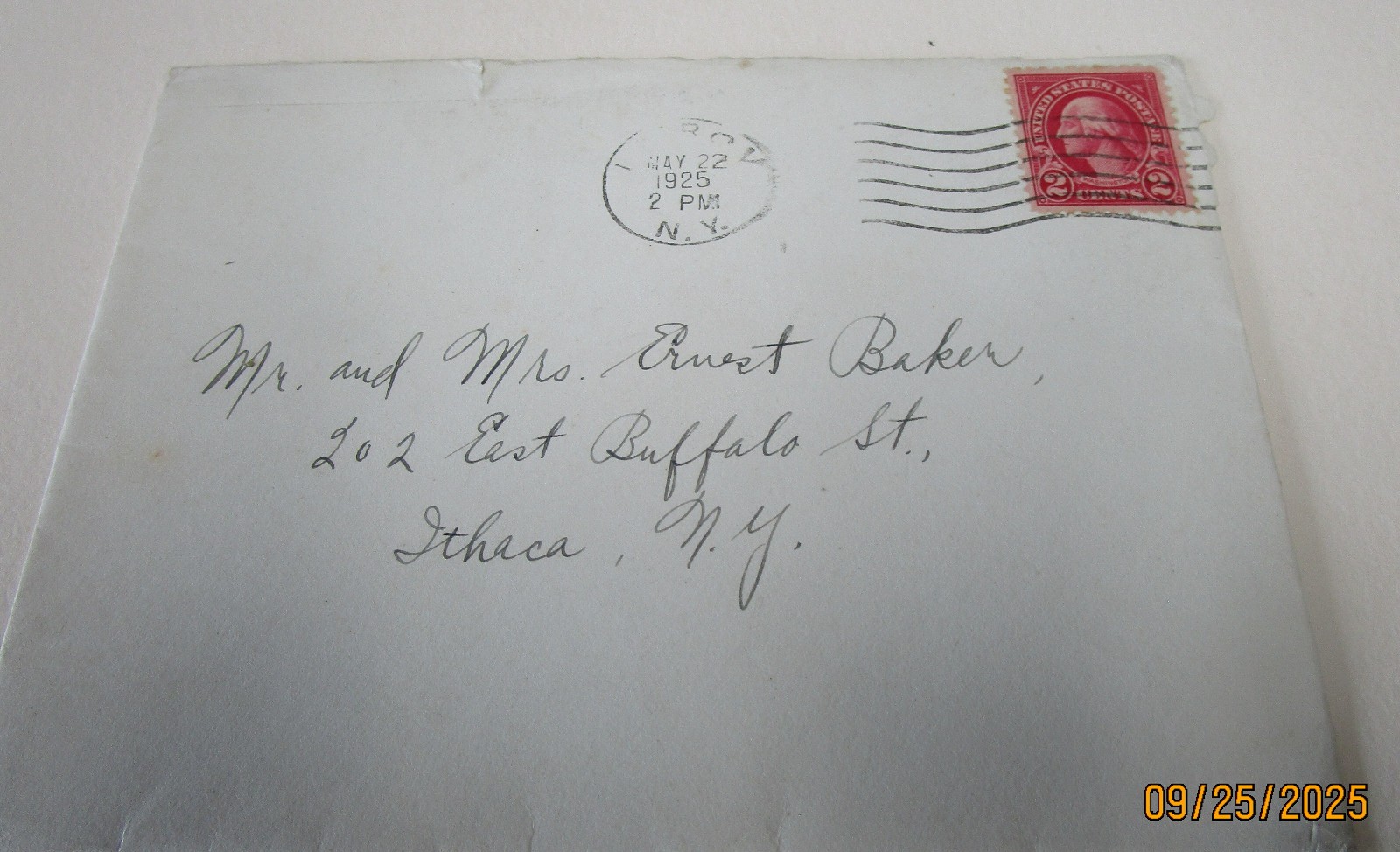 WASHINGTON 2 CENT STAMP ENVELOPE POSTMARKED 1925 MAY 22 STAMP EPHEMERA