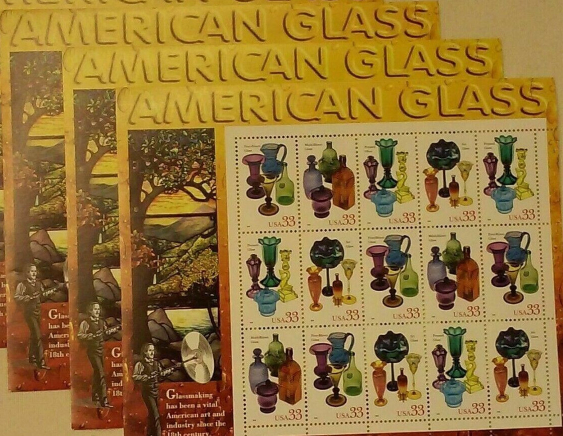 Four Souvenir Sheets x 15 = 60 of AMERICAN GLASS 33¢ US Stamps USA Sc# 3325-3328