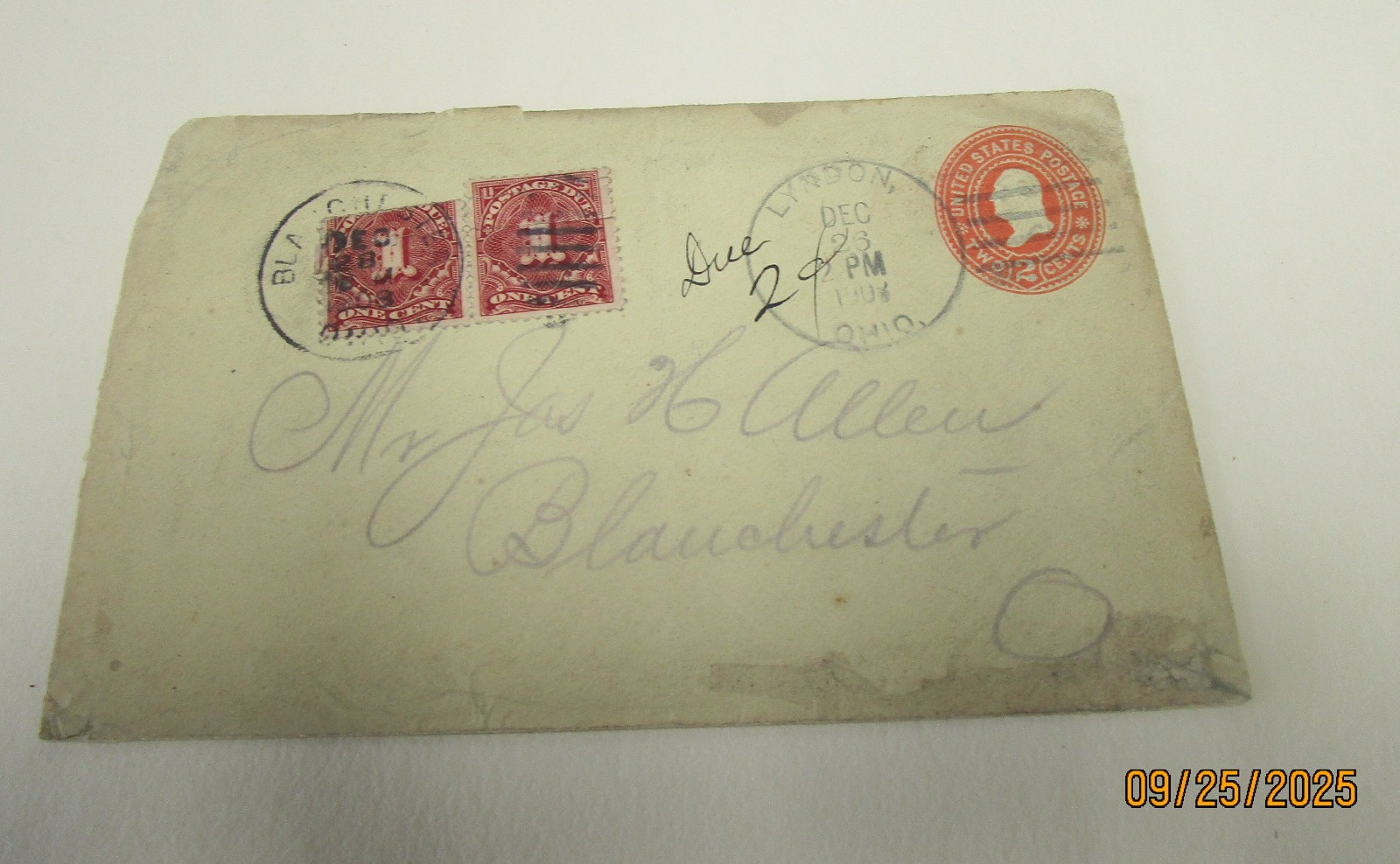 WASHINGTON 2 CENT PRE PAID ENVELOPE 1906 1908 ? DUE 2c STAMP EPHEMERA