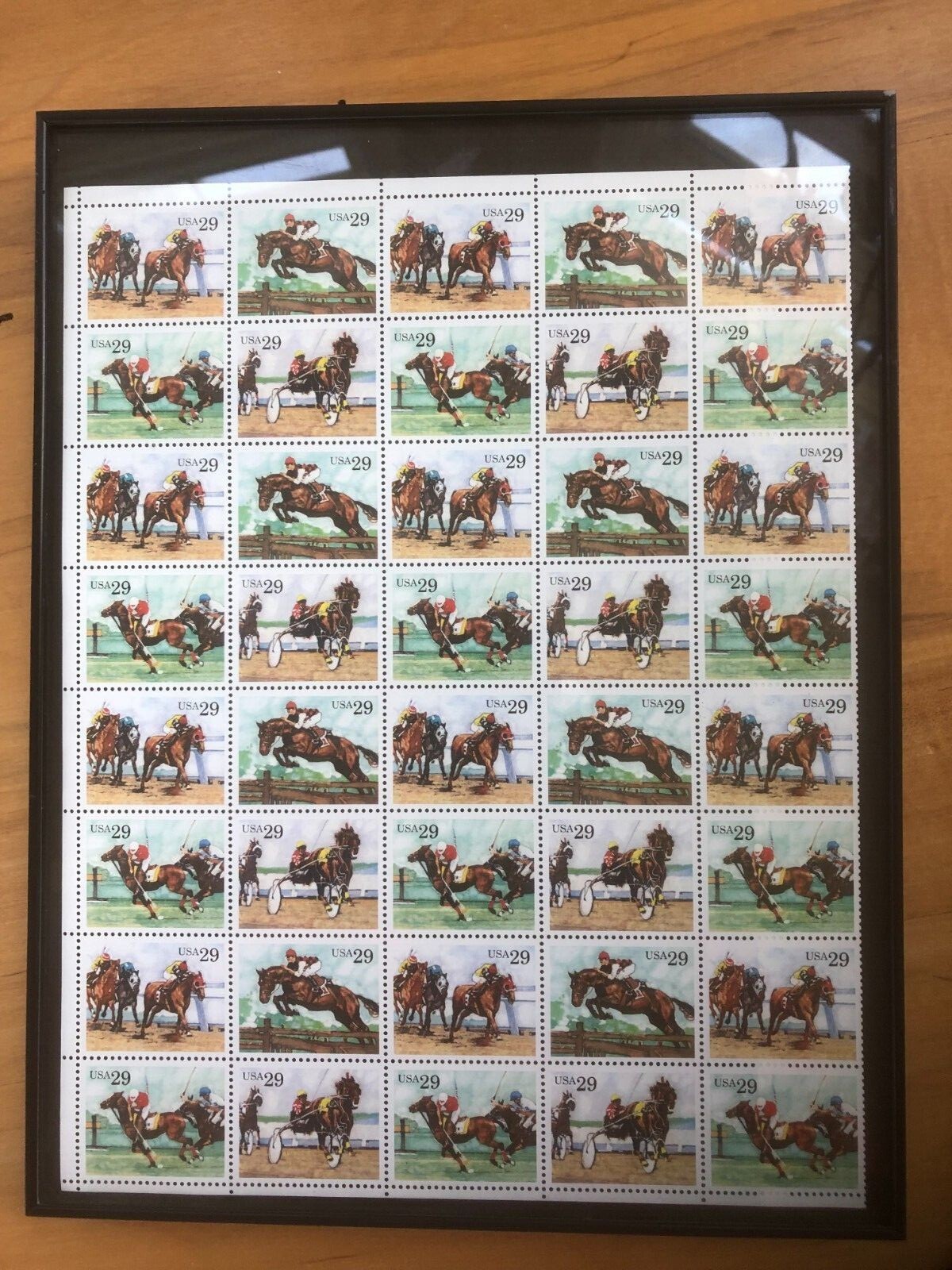 PANE OF 40 HORSE RACING STAMPS 29 CENTS FACE, FRAMED FOR HANGING