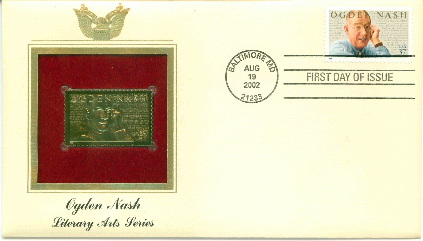 First Day Of Issue Aug 19 2002 Baltimore MD 22kt Gold Replica Ogden Nash