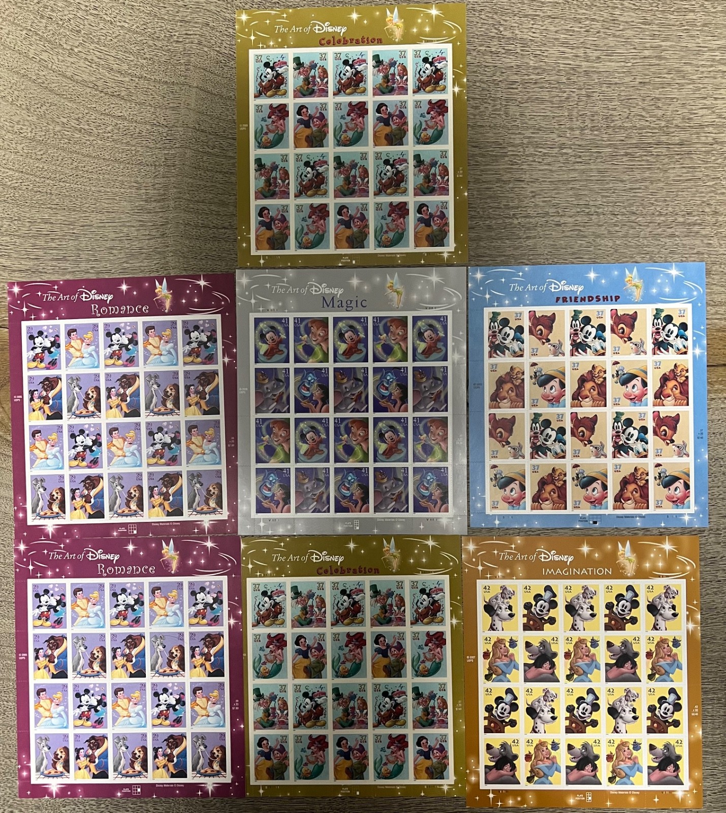 Disney THE ART OF DISNEY Complete Set of 7 Full Sheets of 20 US Stamps 2004-08