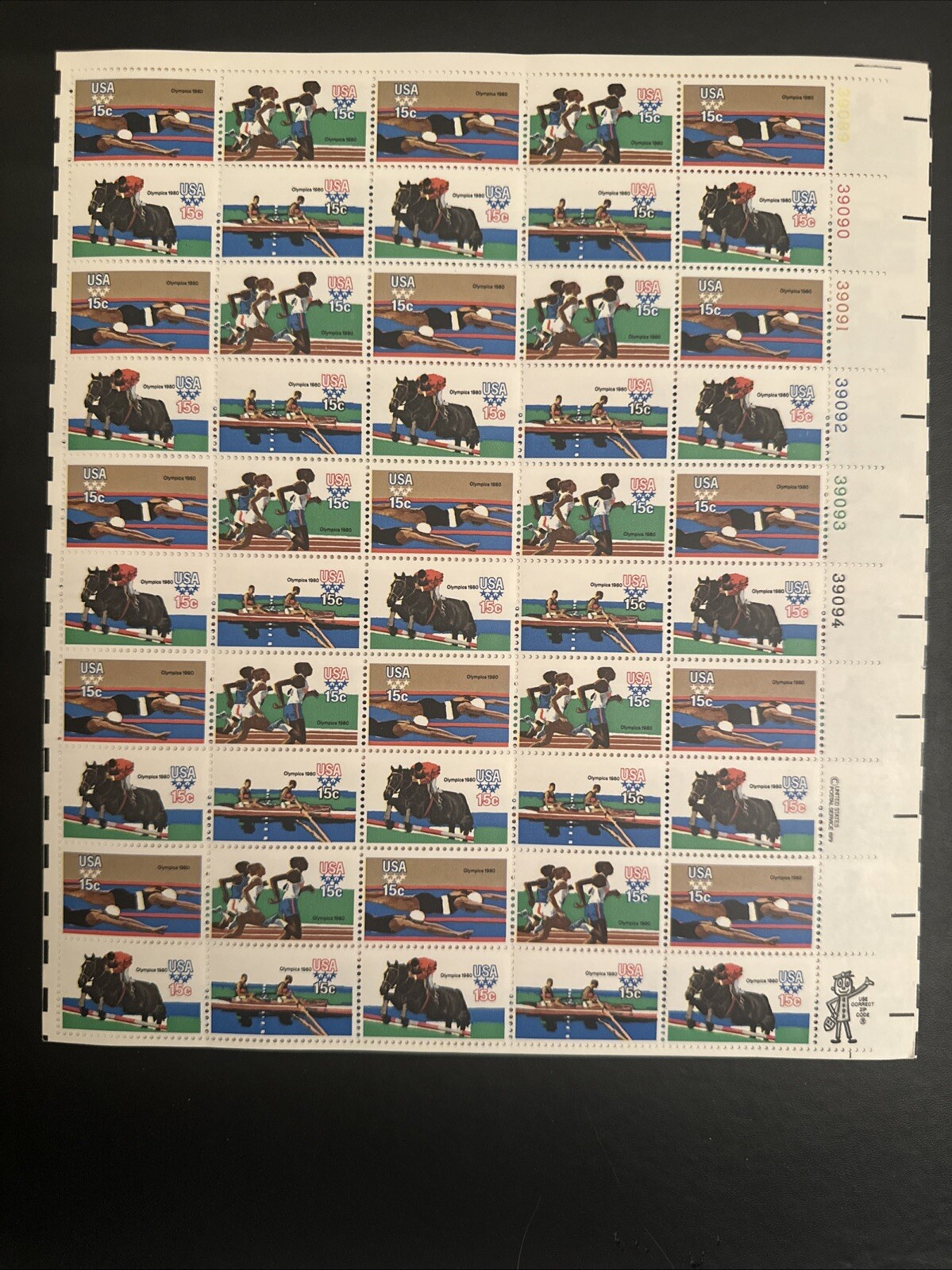 US SCOTT 1791 – 1794 PANE OF 50 1980 OLYMPIC STAMPS 15 CENT FACE MNH