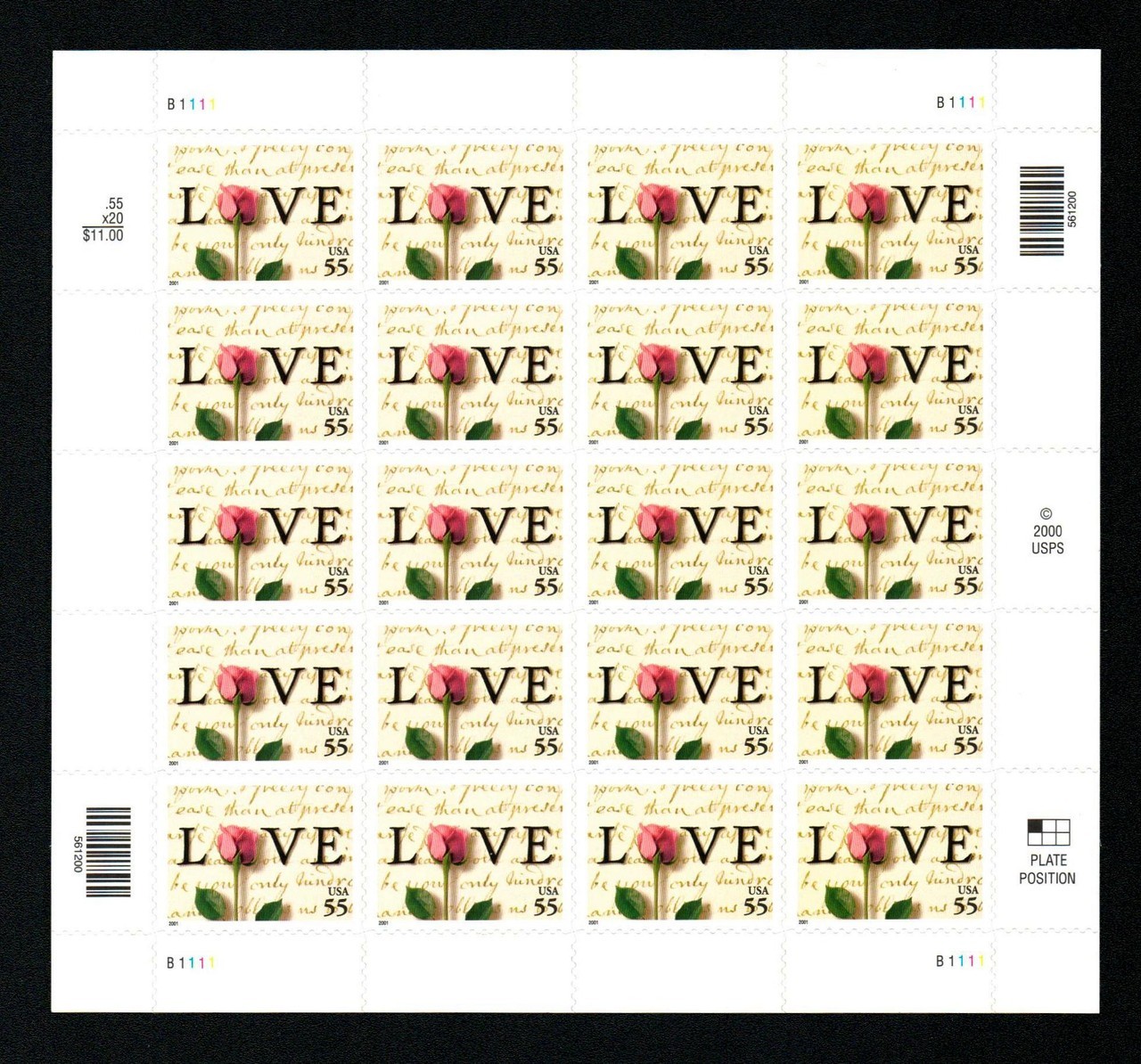 United States 55¢ Rose & Love Letter Postage Stamp #3499 MNH Full Sheet