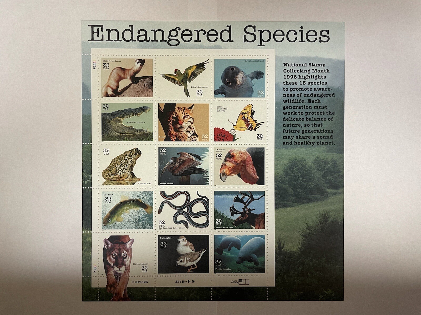 US SCOTT 3105 SHEET OF 15 ENDANGERED SPECIES STAMPS 32 CENT FACE MNH
