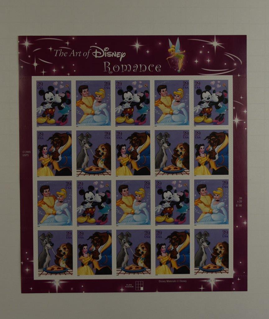 US SCOTT 4025 – 4028a PANE OF 20 THE ART OF DISNEY ROMANCE 39 CENT FACE MNH