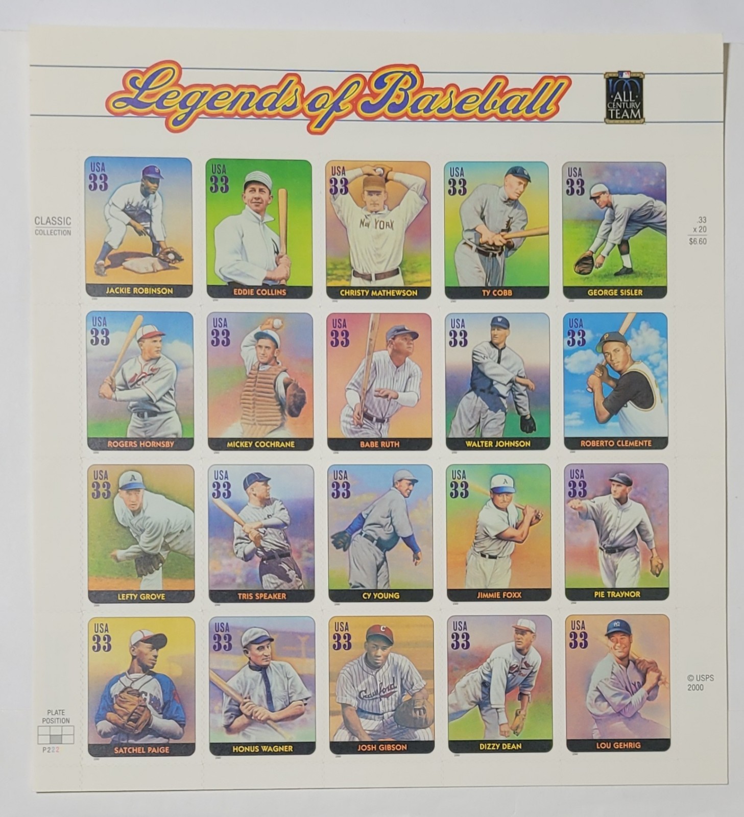 Scott #3408 Legends of Baseball Pane of 20 32¢ Stamps (2000) – MNH