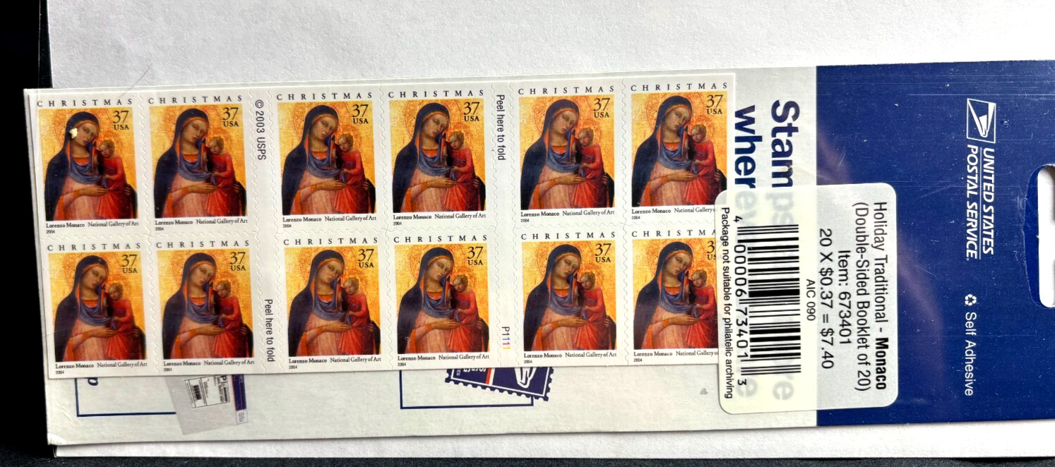 US SCOTT 3879a BOOKLET OF 20 LORENZO MONACO CHRISTMAS STAMPS 37 CENT FACE MNH