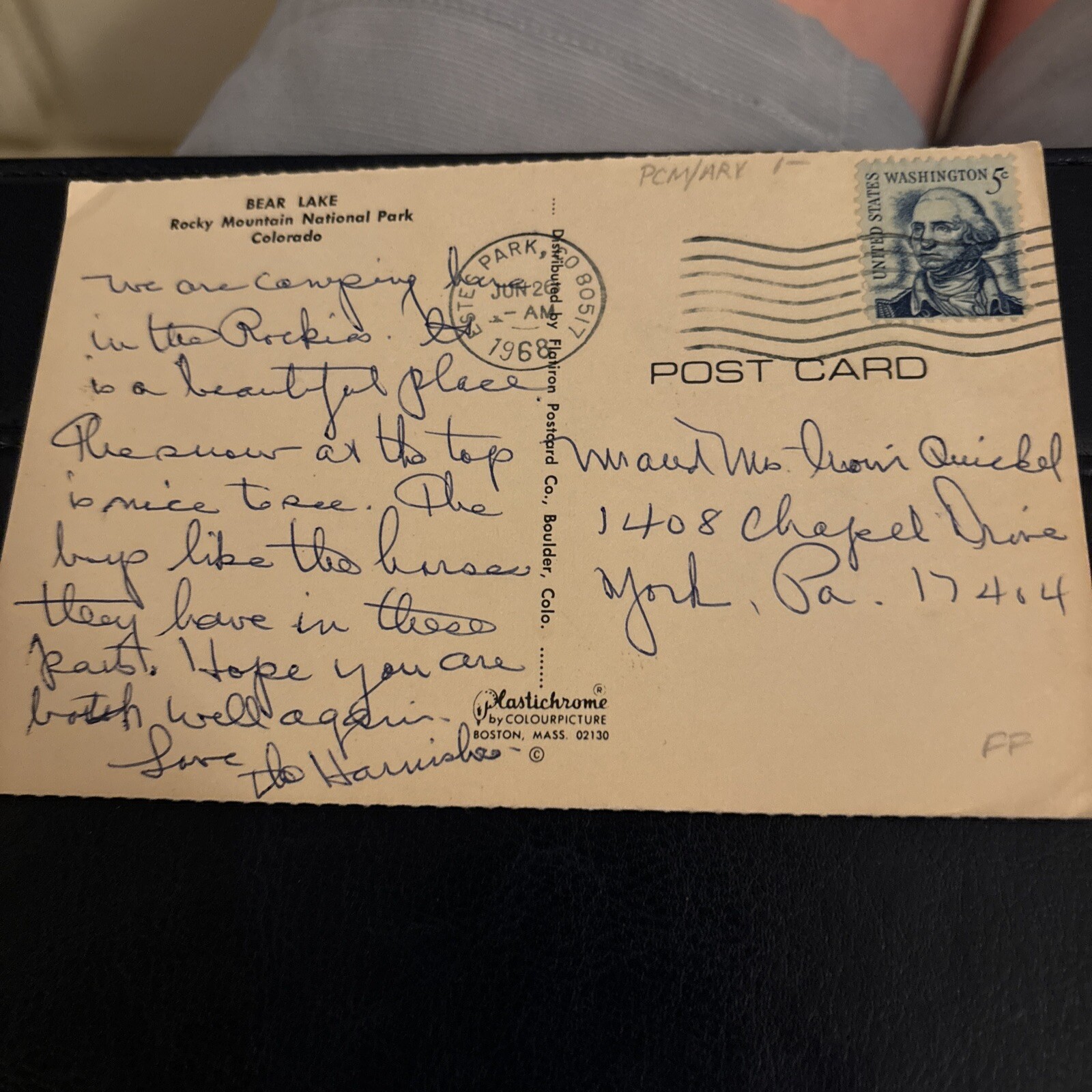 1968 5 Cent George Washington Stamp Blue Bear Lake Colorado Postcard