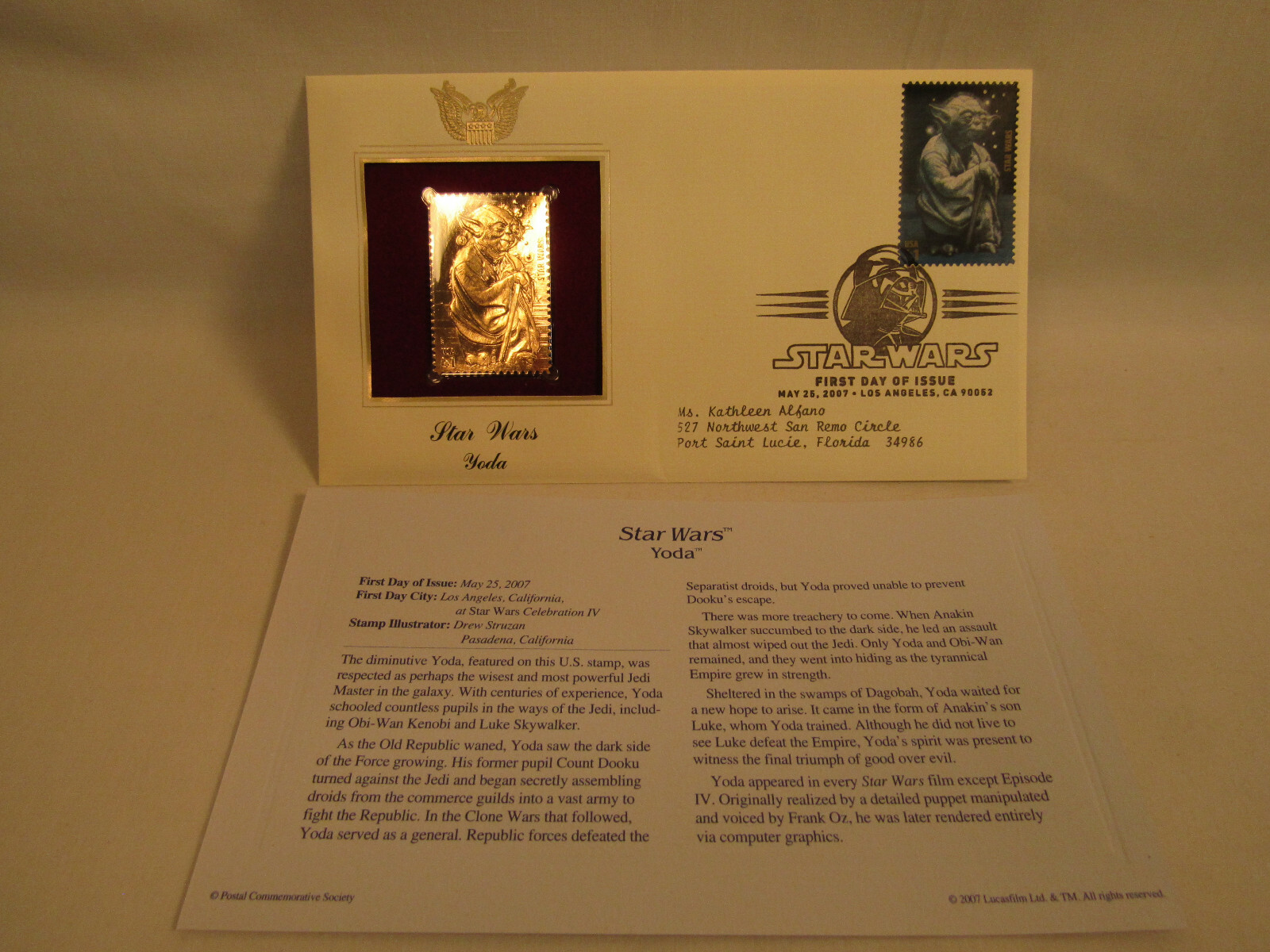 Yoda Star Wars Disney 22KT Gold Stamp 1st Day USPS