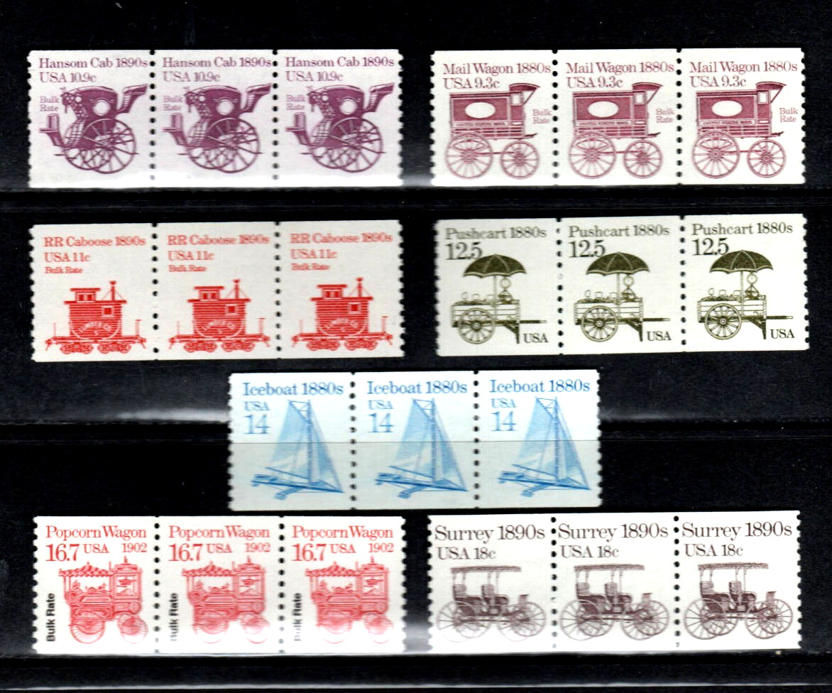 US Stamp – Mixed Lot of 13 Transportation Series Coil Strips of Three Stamps MNH