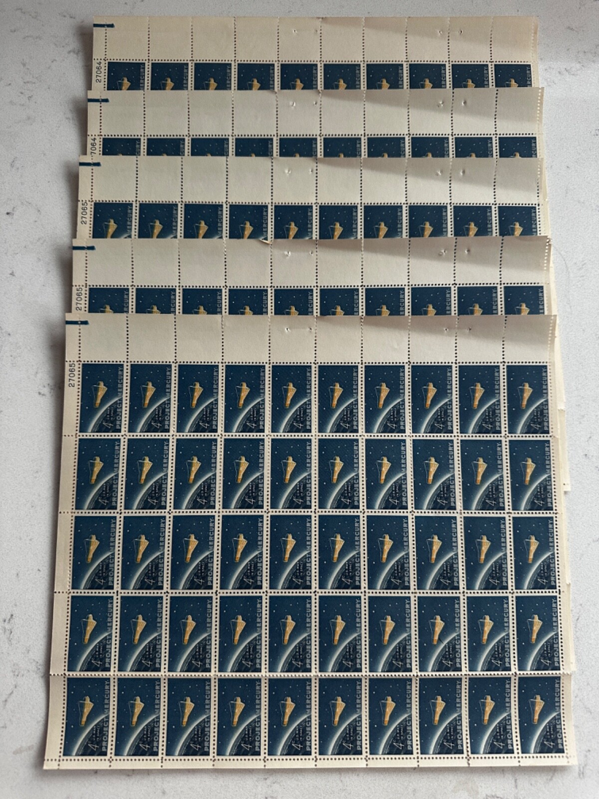 1961 Project Mercury U.S. Space Stamps 5 Mint Sheets of 50 4 Cent Stamps RARE