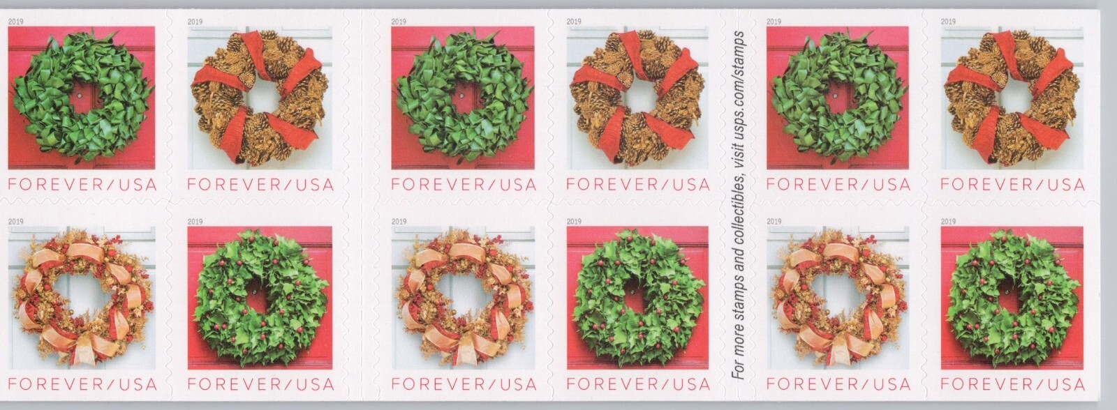 2019 USA #5424-27b Forever Holiday Wreaths – Booklet of 20 Christmas Postage