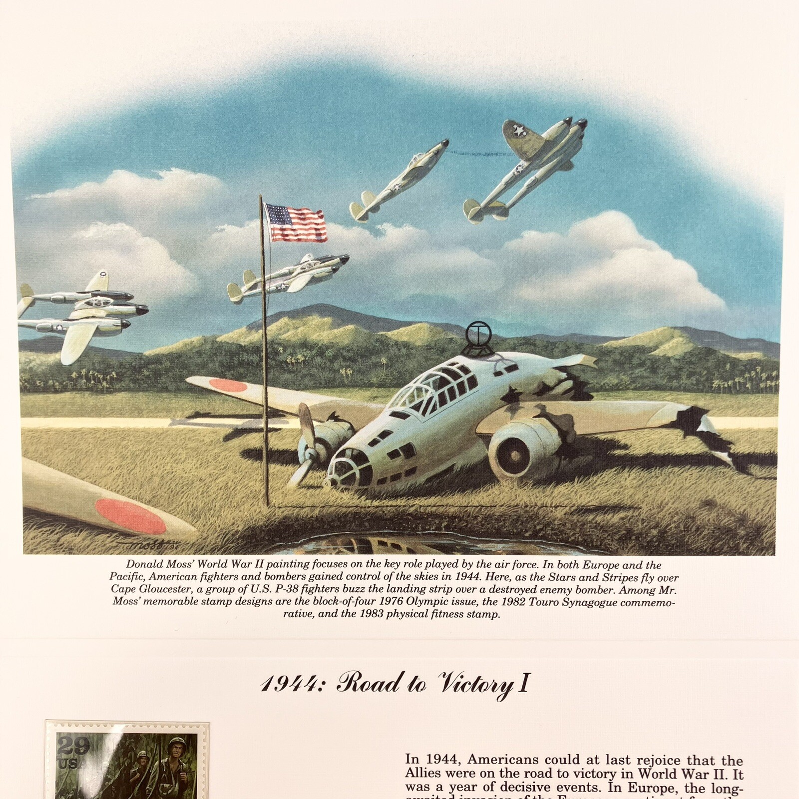 Donald Moss WWII Postage Stamp Art USPS D Day P38 Veteran Military Farmable Gift