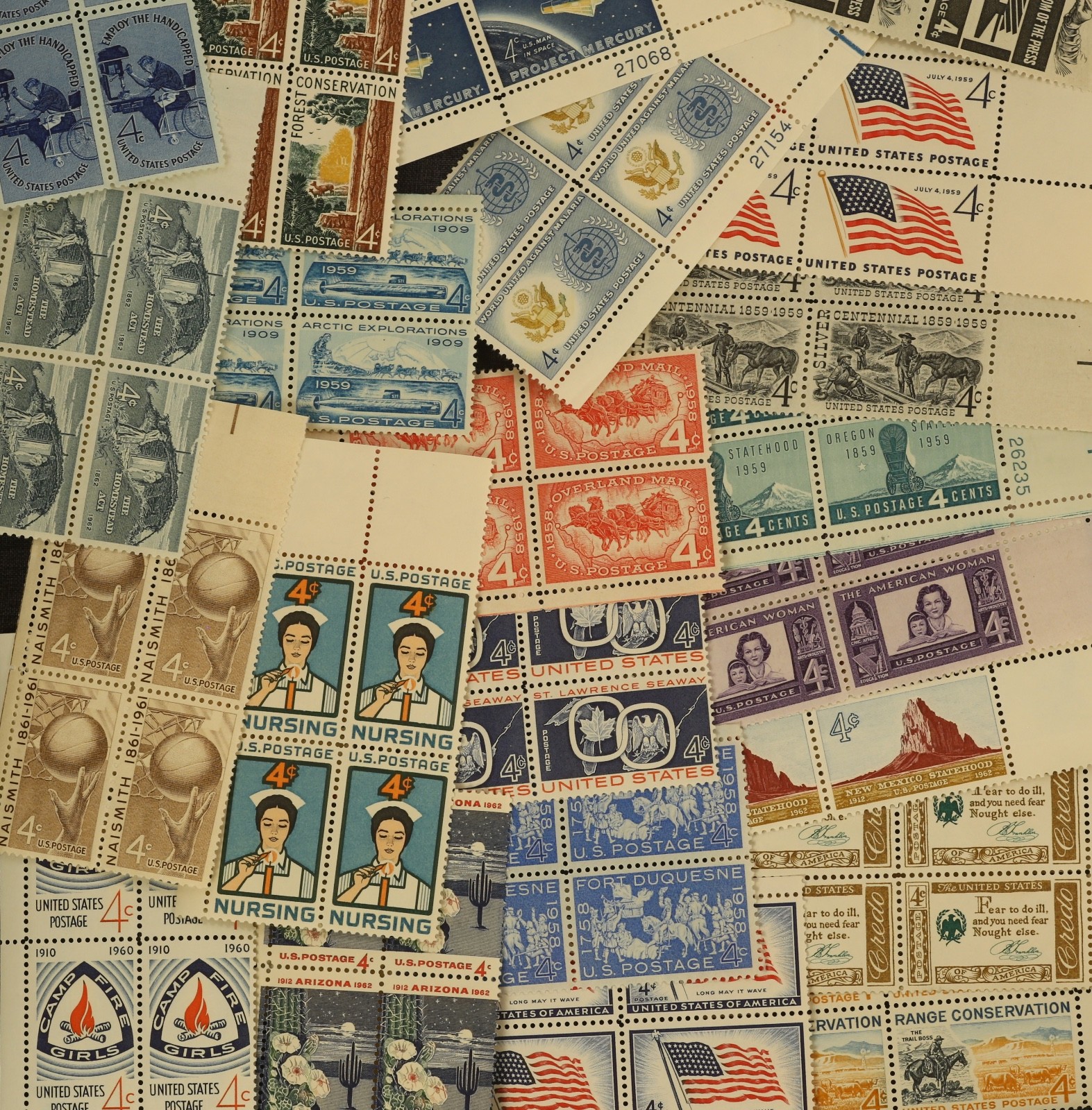 unused 25 plate blocks 100 stamps 3¢, 4¢, 5¢, 6¢, 8¢ US postage