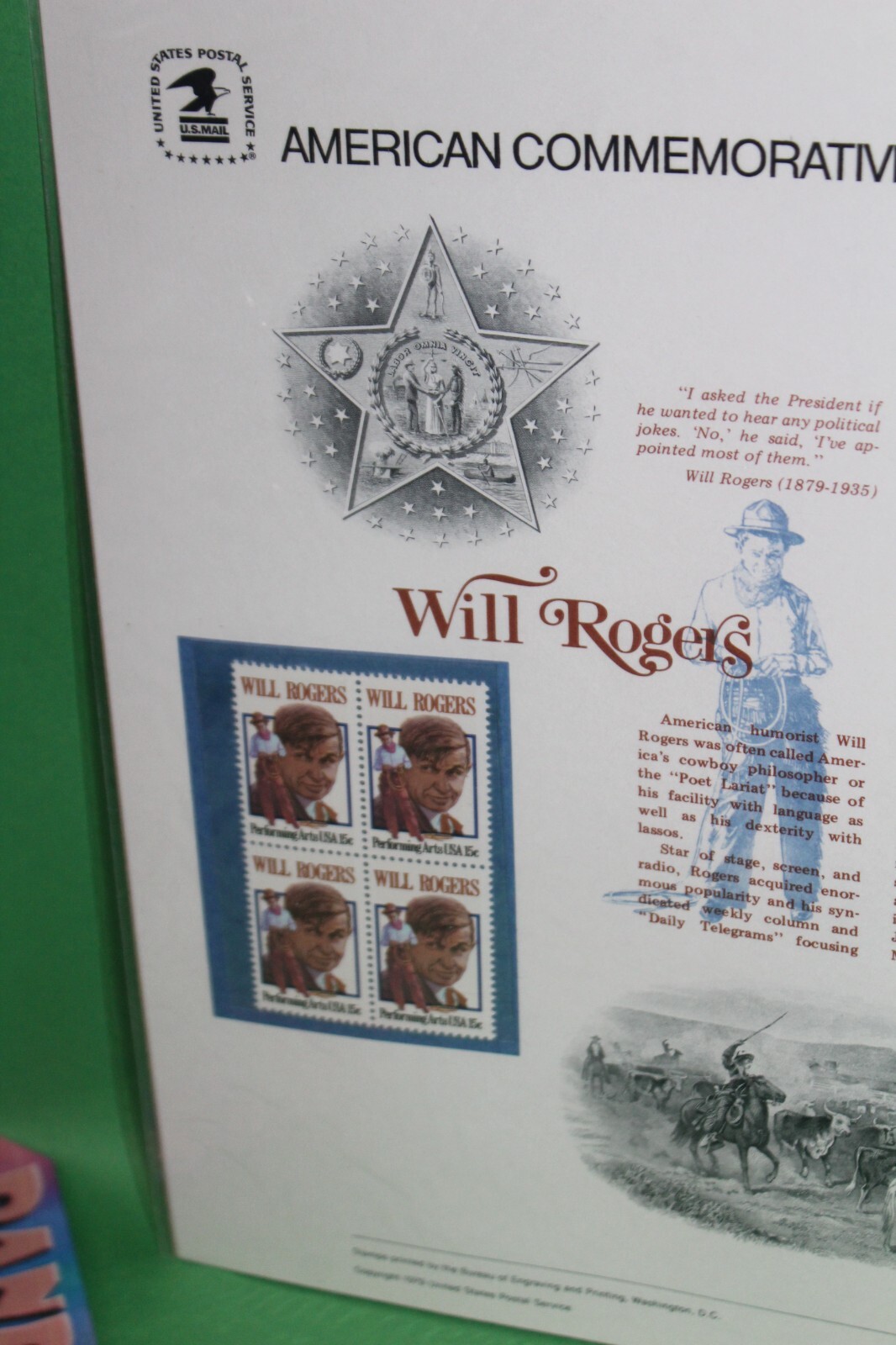 American Commemoratives Will Rogers USPS Stamps Panel Sheet 119 Nov 4 1979