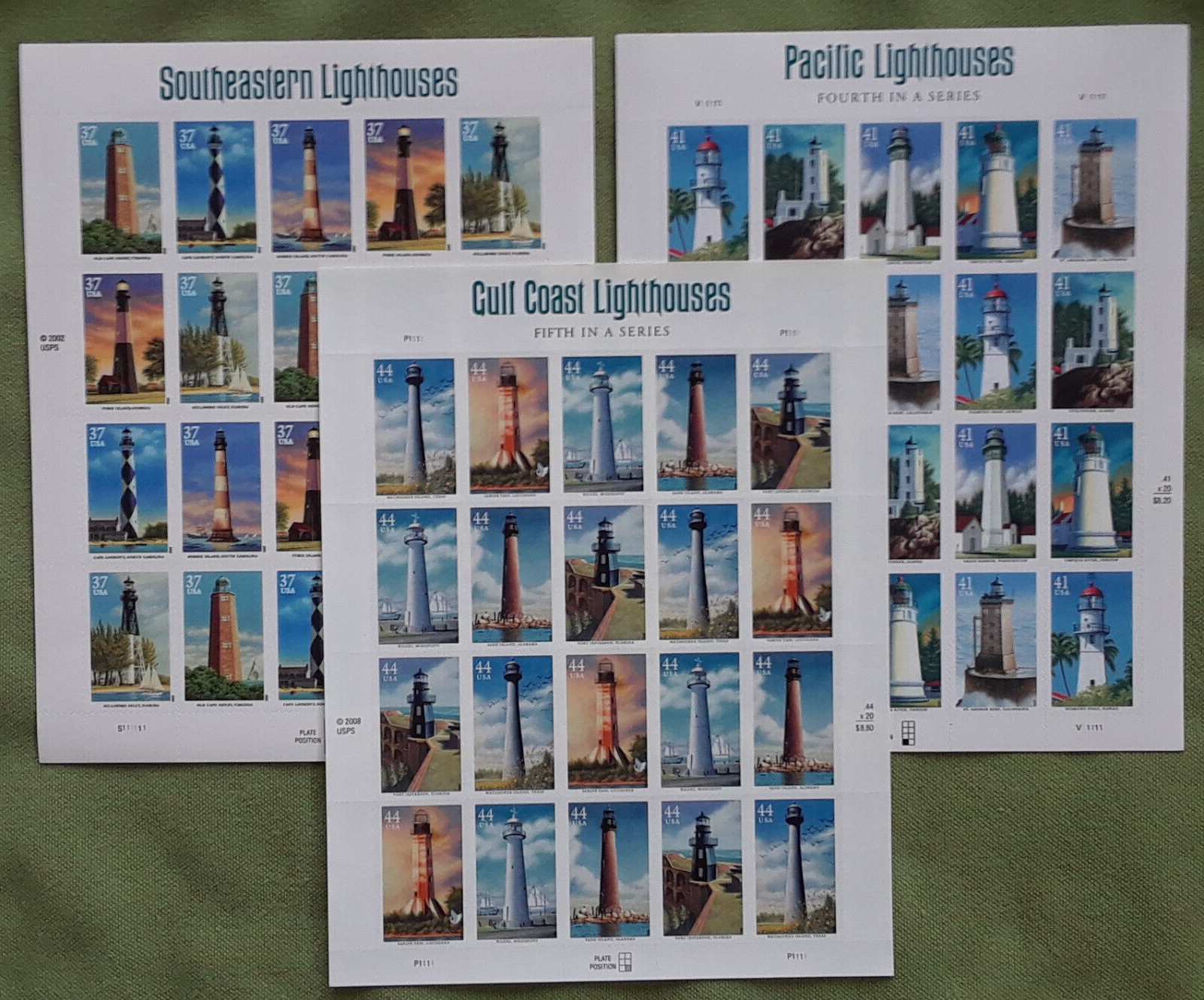 Combo: 2 each of SOUTHEASTERN 37¢, PACIFIC 41¢, GULL COAST 44¢ Lighthouses Stamp