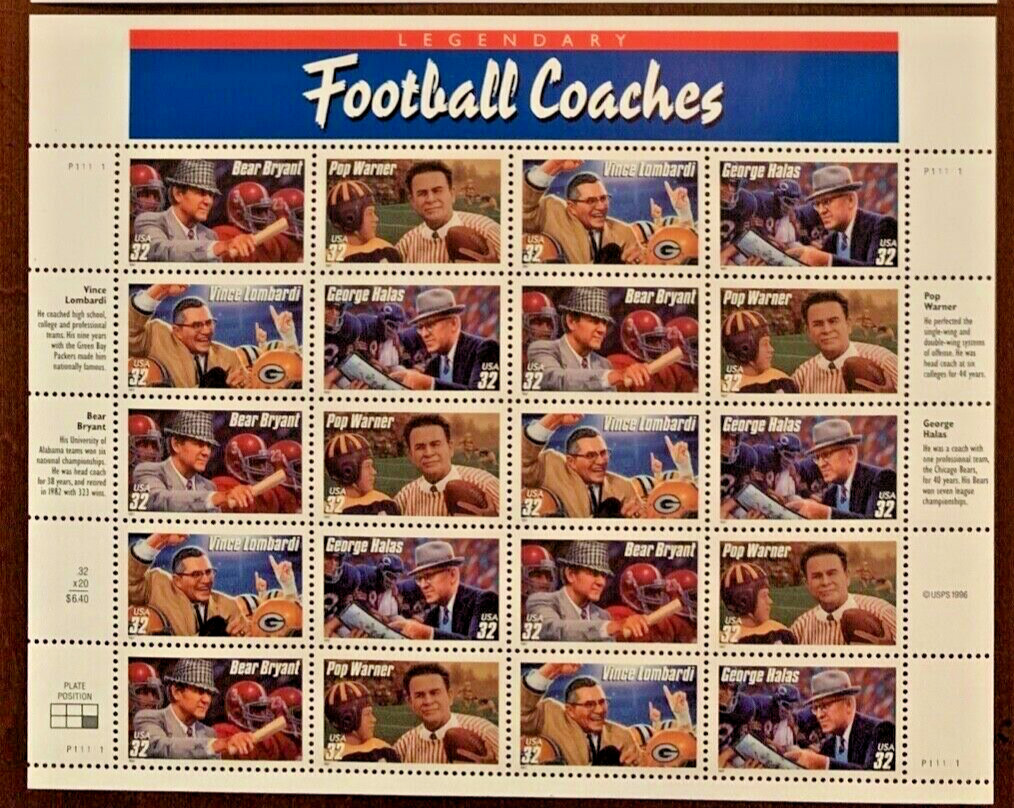 #3143-3146 FOOTBALL COACHES 1996 Pane Of 20 Stamps 32 Cent ~ MNH