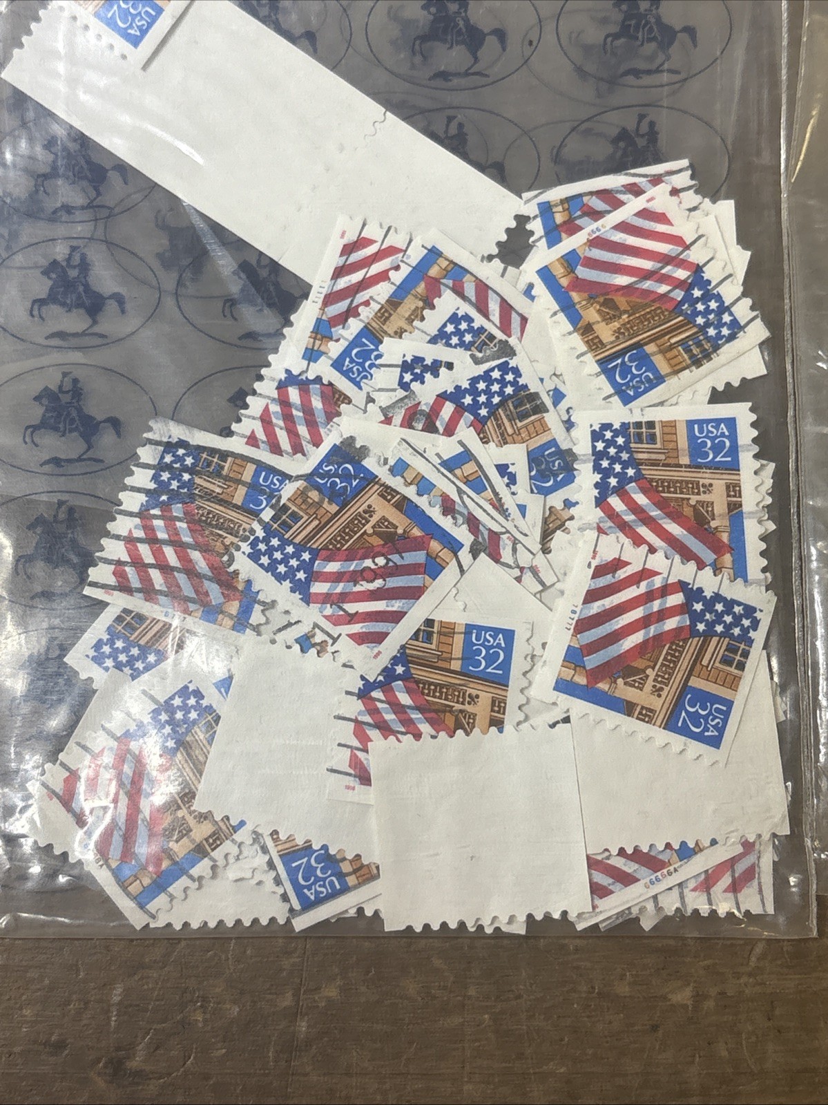 Large Lot 32 Cent Stamps Yellow Rose, Flag, Statue Of Liberty Used
