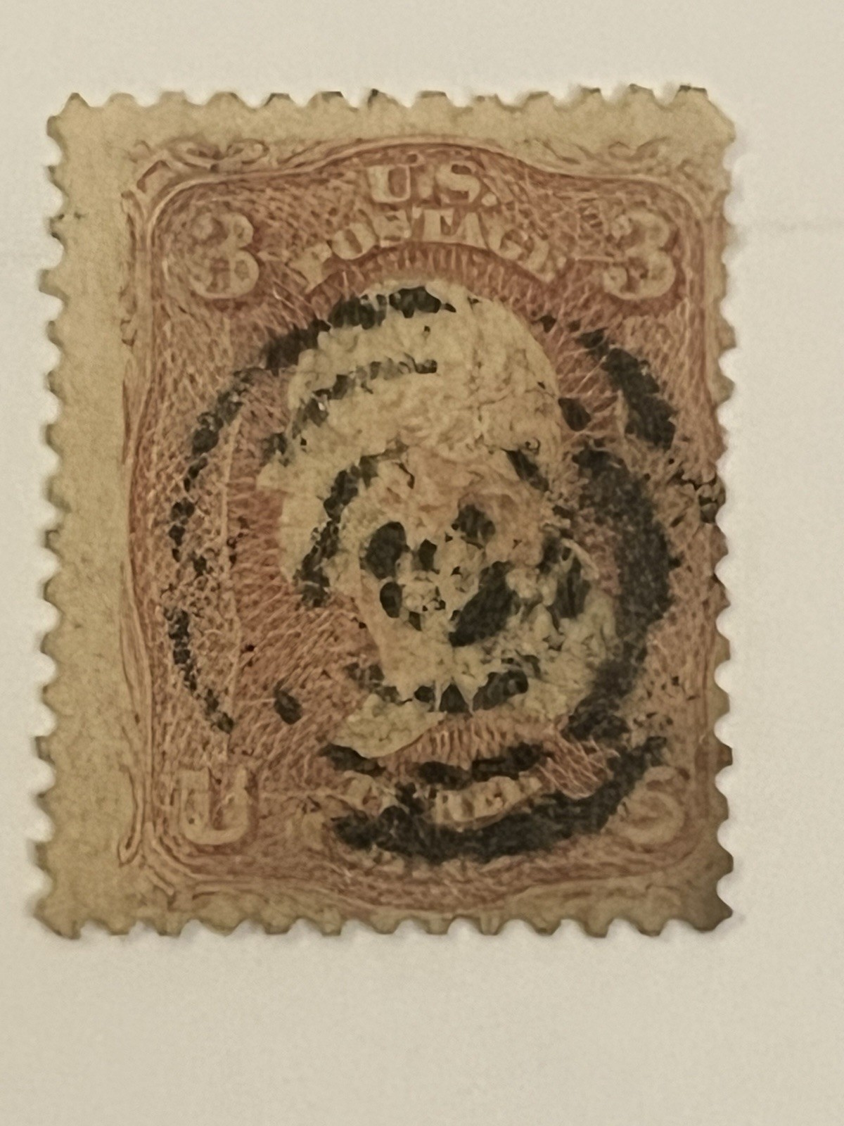 US 3 Cent Postage Stamp Single, Brown, Used, Uncertified, Ungraded