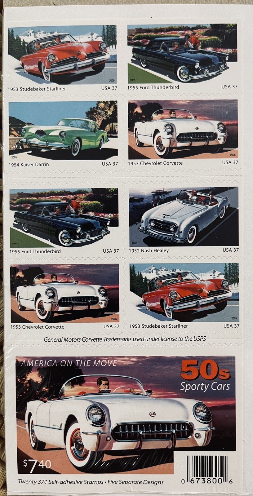 2005 US AMERICA ON THE MOVE 50’s SPORT CARS 2 PANES /BOOKLETS OF 20 STAMPS 37c