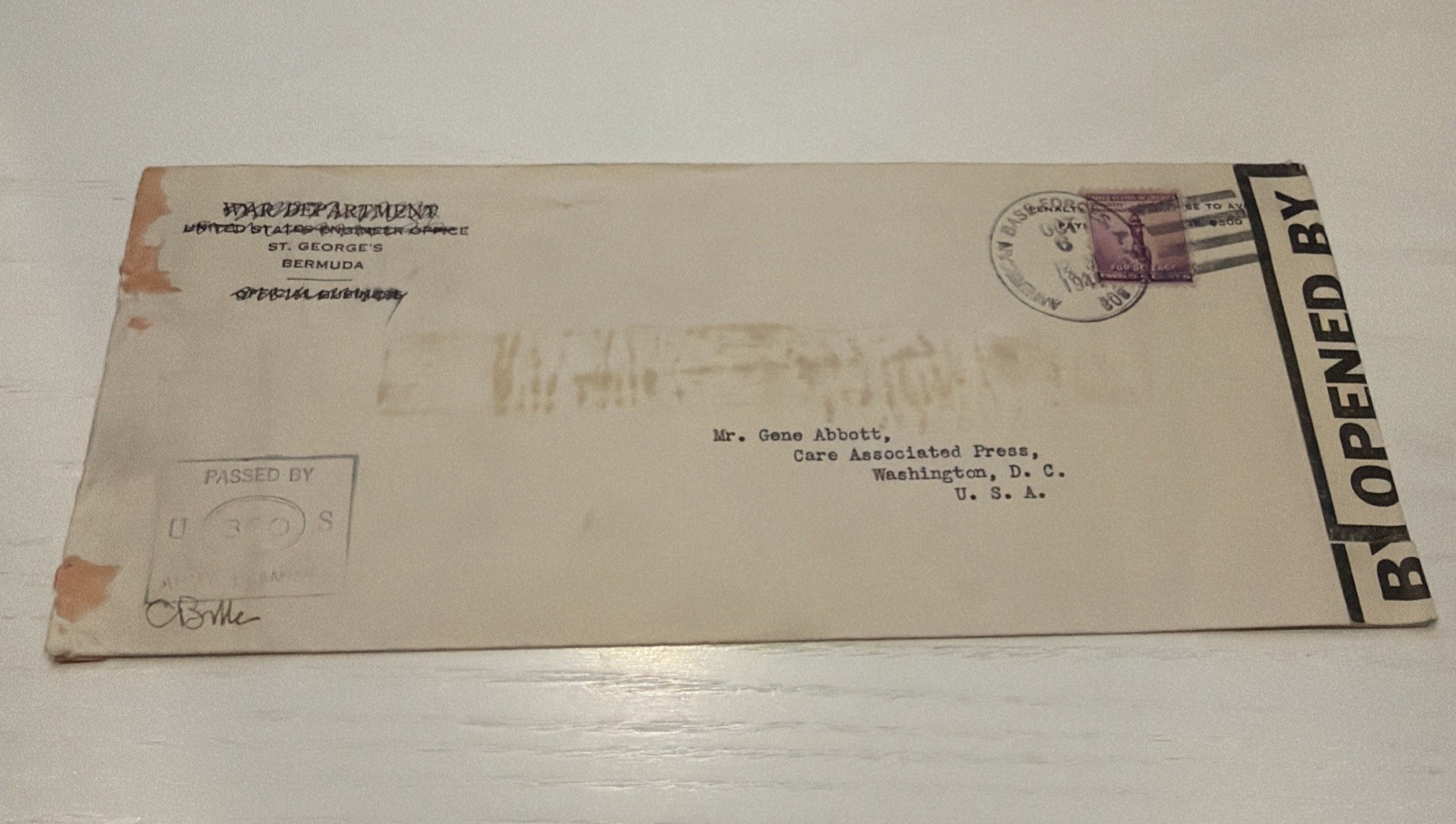 1941 Stamped Envelope to Associated Press Washington DC / Bermuda Vintage Rare