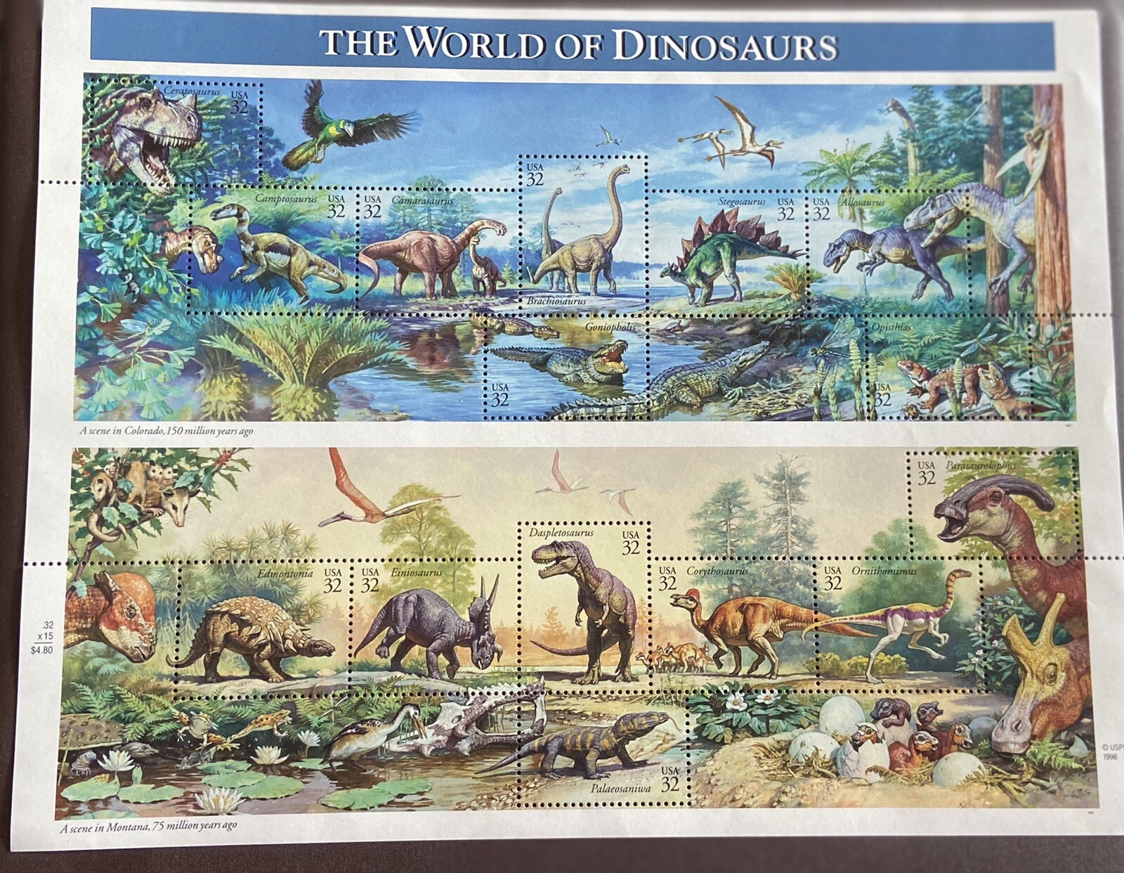 US SCOTT 3136 SHEET (PANE) OF 15 DINOSAURS 32 CENTS FACE MNH