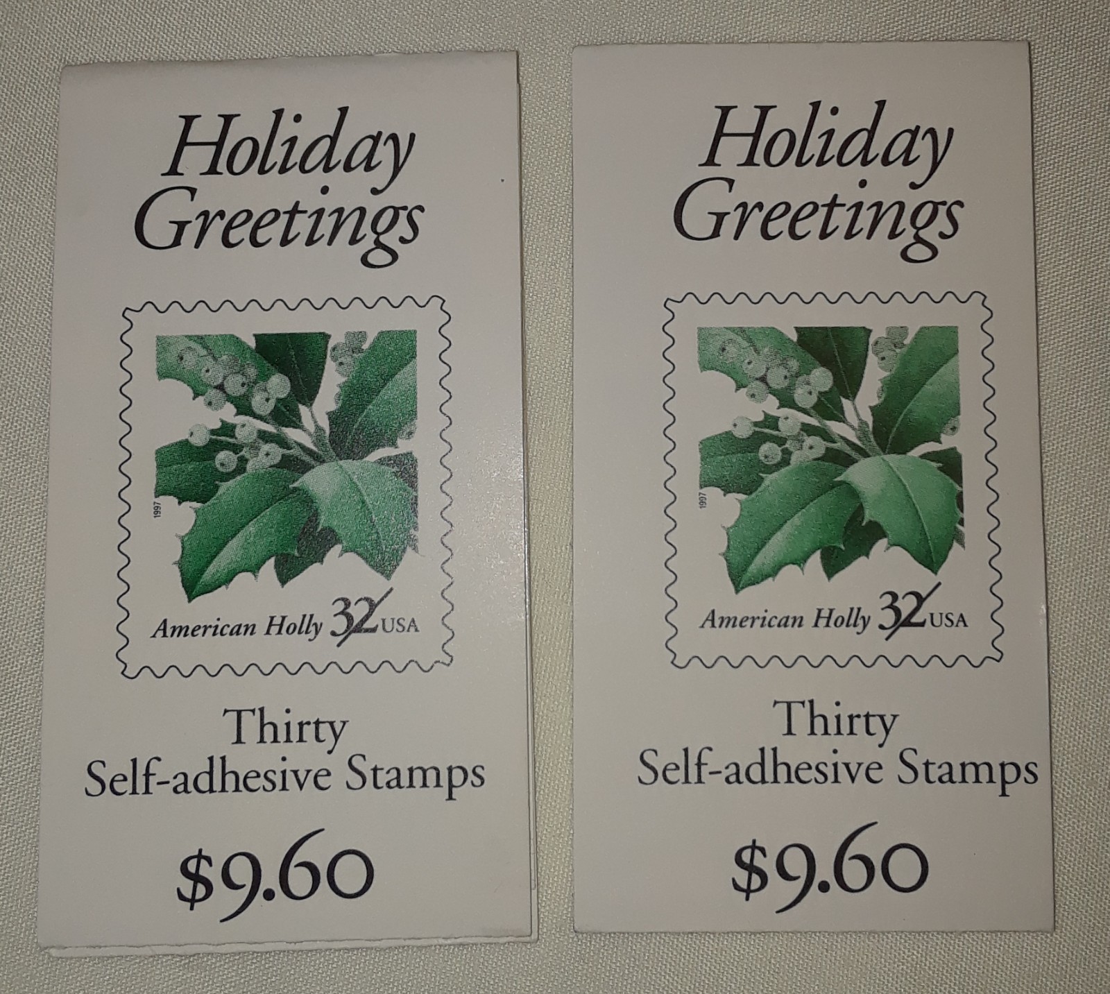 Two Booklets x 30 = 60 of 32¢ Holiday Greetings HOLLY US Postage Stamps Sc BK265