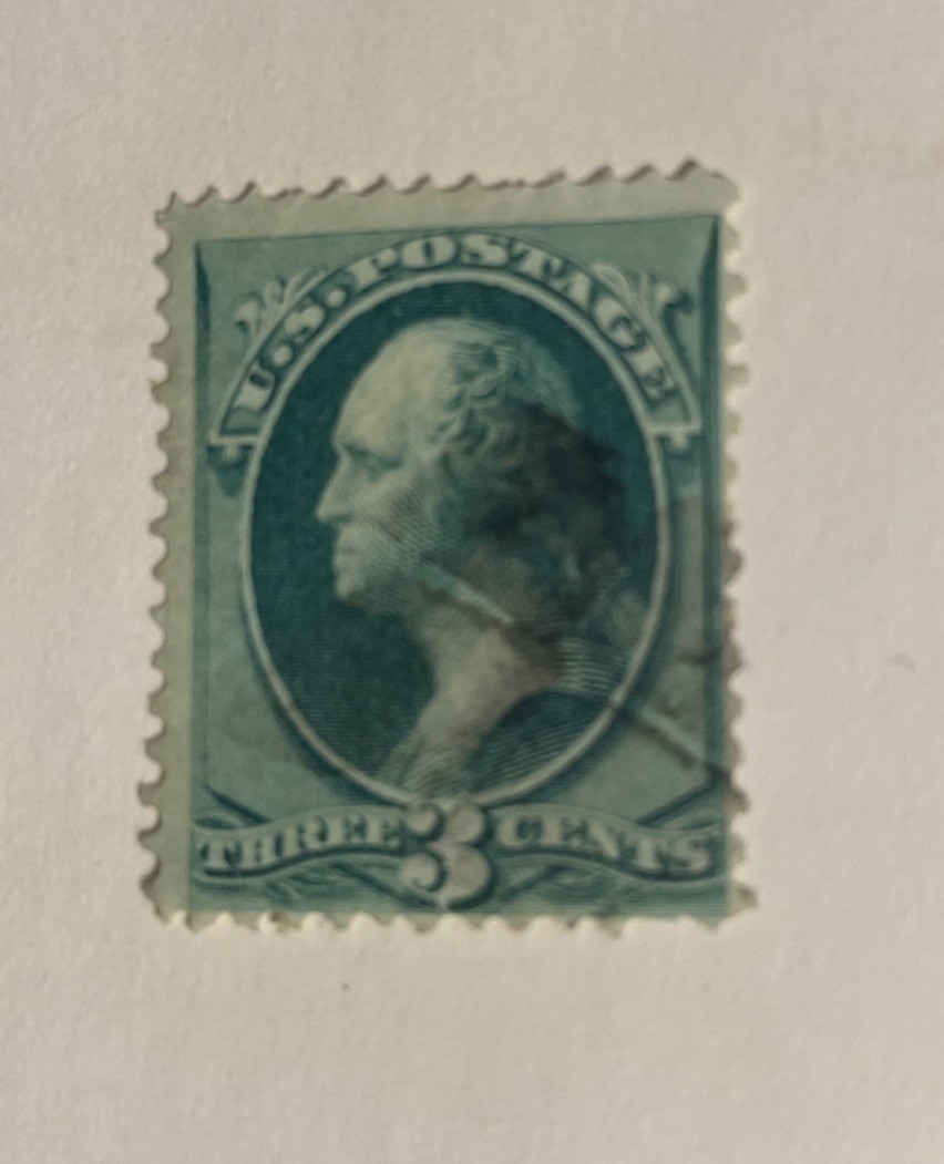 VERY RARE 1870-79 3 CENT GEORGE WASHINGTON US GREEN POSTAGE STAMP, USED