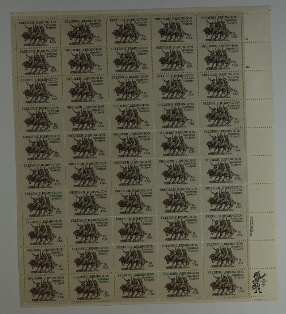 US SCOTT 1934 PANE OF 50 FREDERICK REMINGTON STAMPS 18 CENT FACE MNH