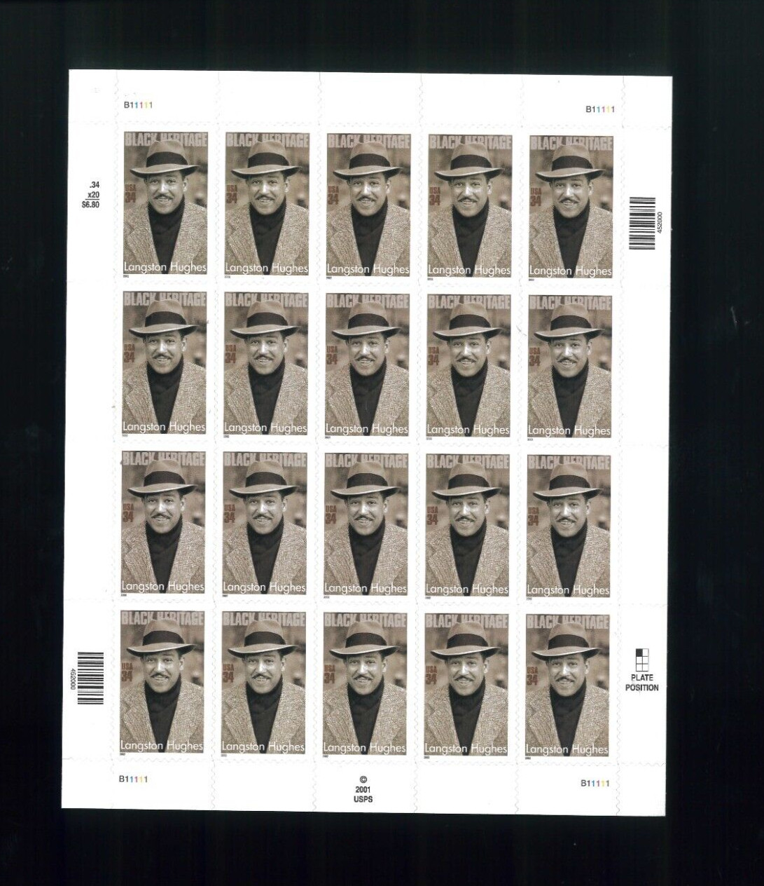 United States 34¢ Writer Langston Hughes Postage Stamp #3557 MNH Full Sheet