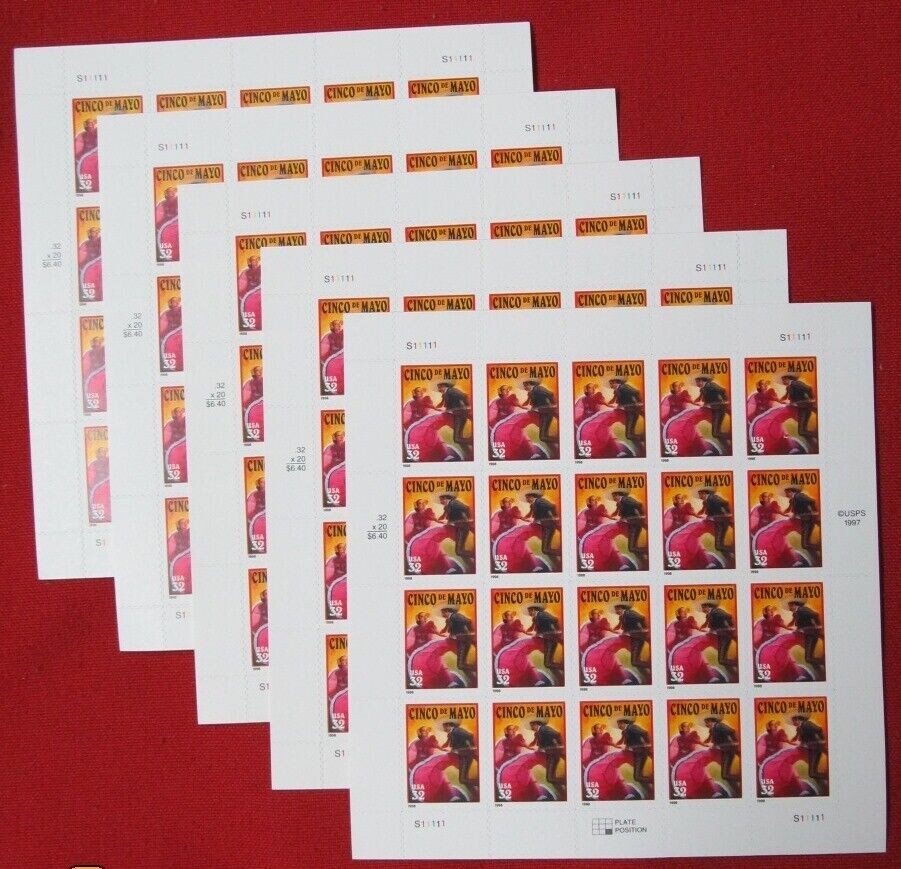 Three Sheets / Panes x 20 = 60 of CINCO DE MAYO 32¢ US Postage Stamps USA # 3203