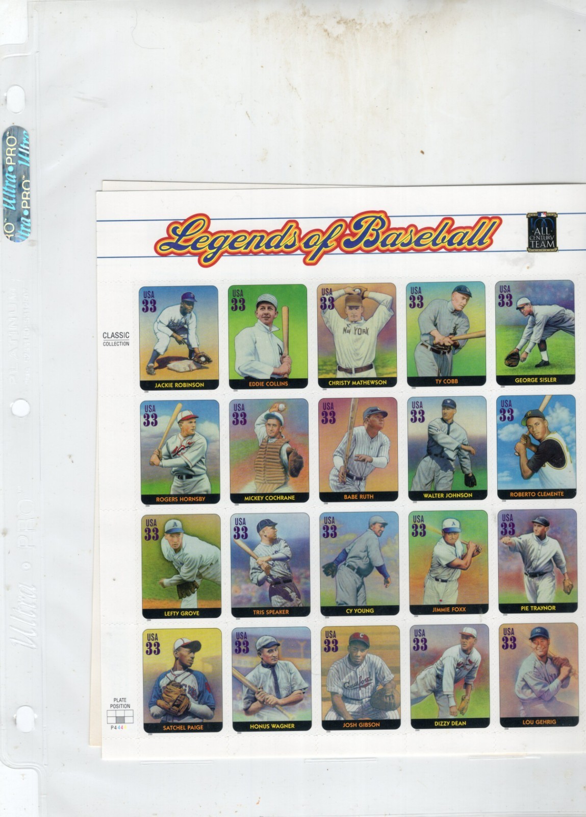 US Postage stamps LEGENDS OF BASEBALL All Century Team 33c 20 stamps