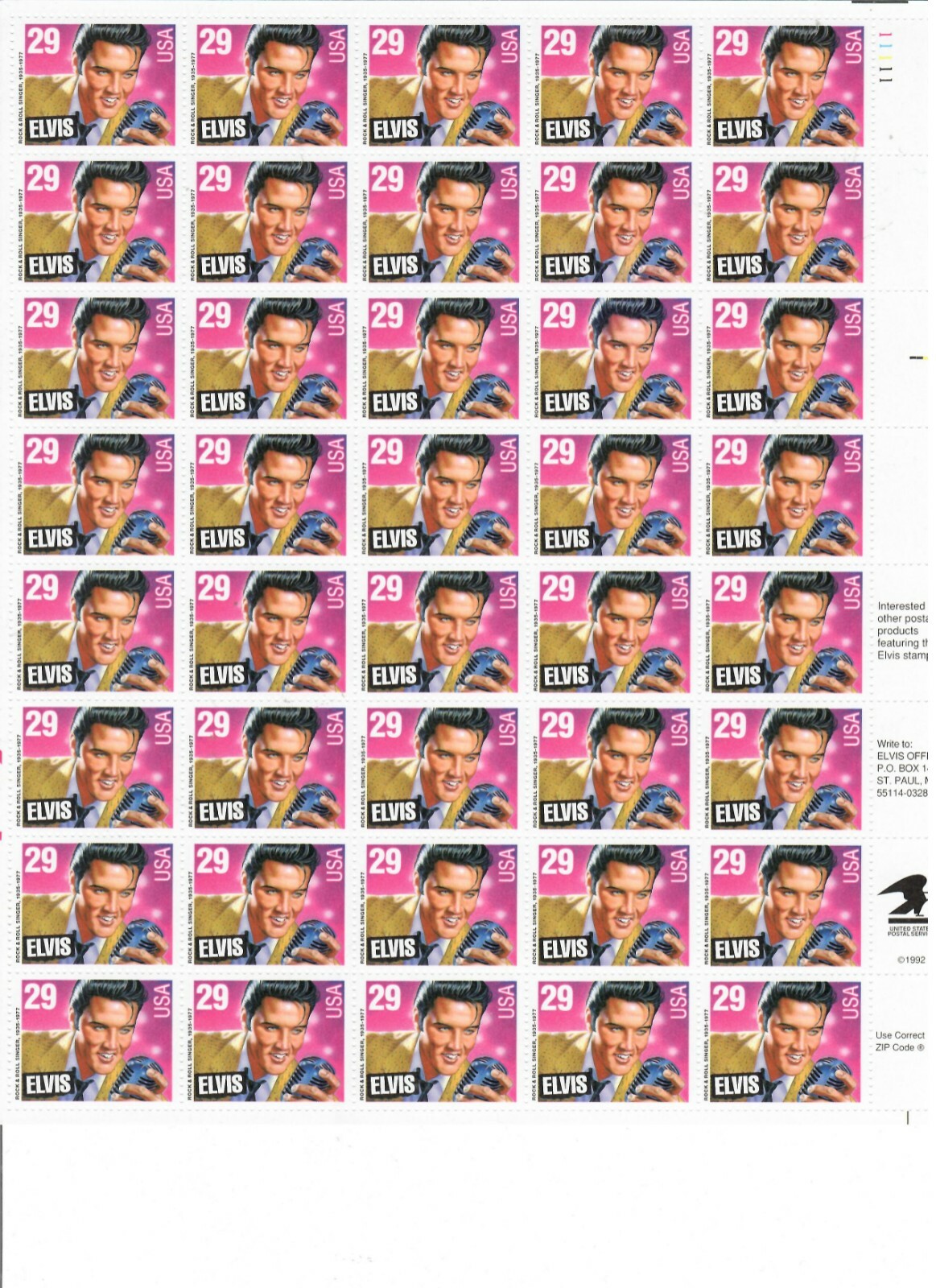 ELVIS PRESLEY 29¢ US USA Postage Stamps 1 Sheet of x 40. Sc # 2721